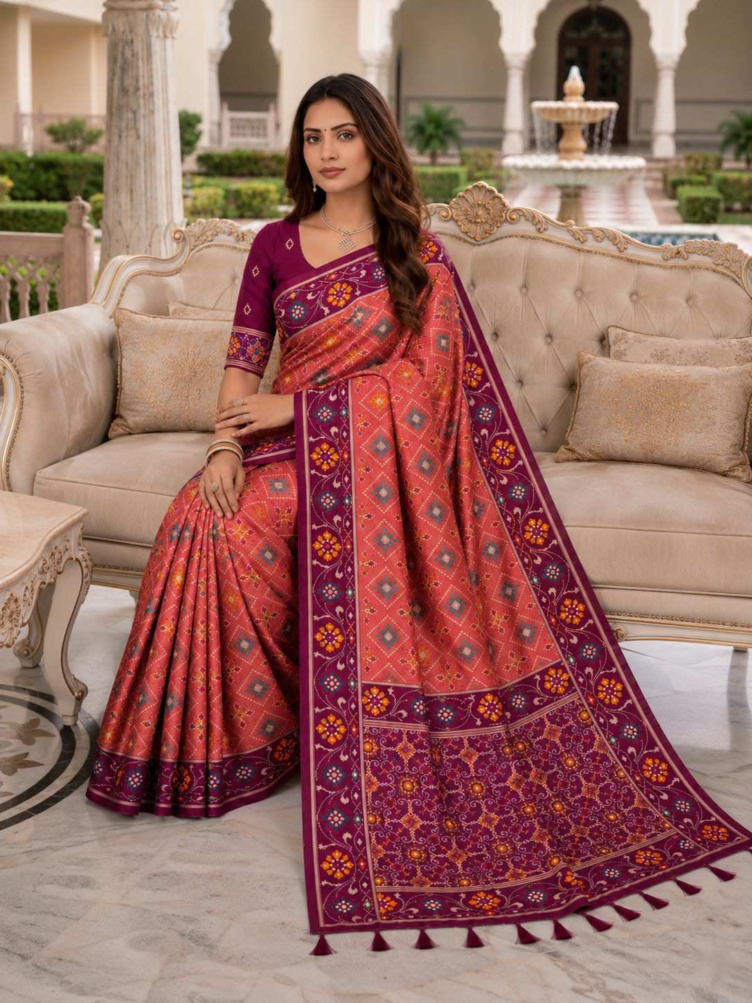 Coral Pink Designer Printed Saree