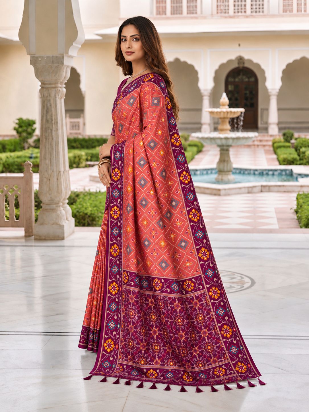 Coral Pink Designer Printed Saree