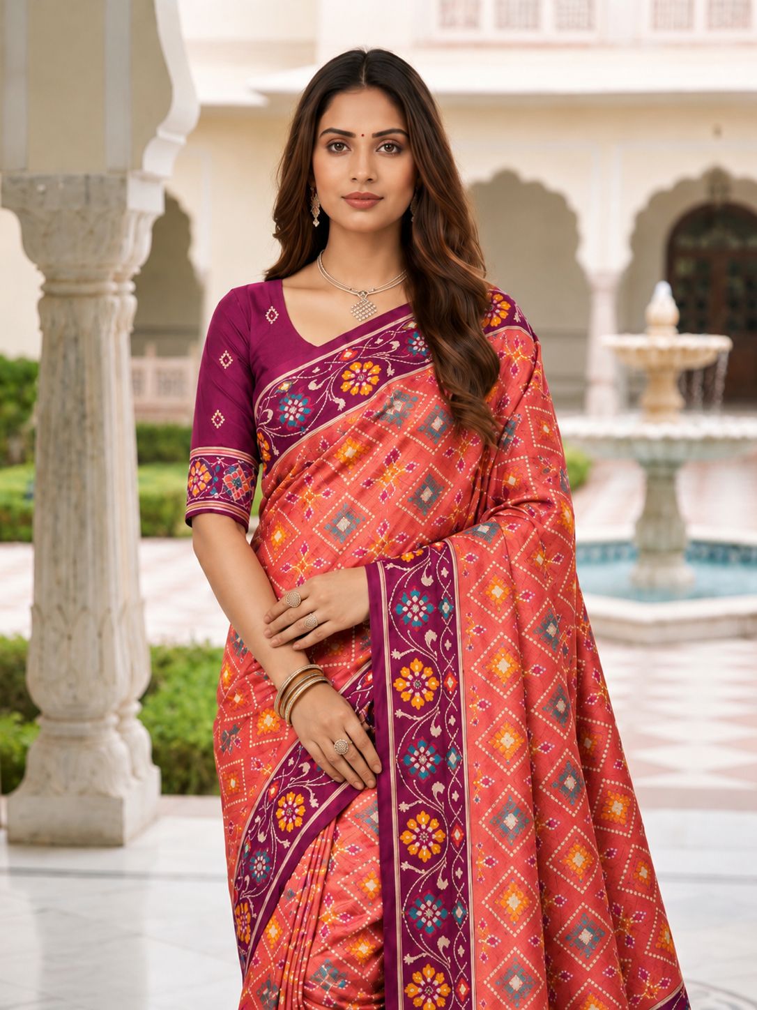 Coral Pink Designer Printed Saree