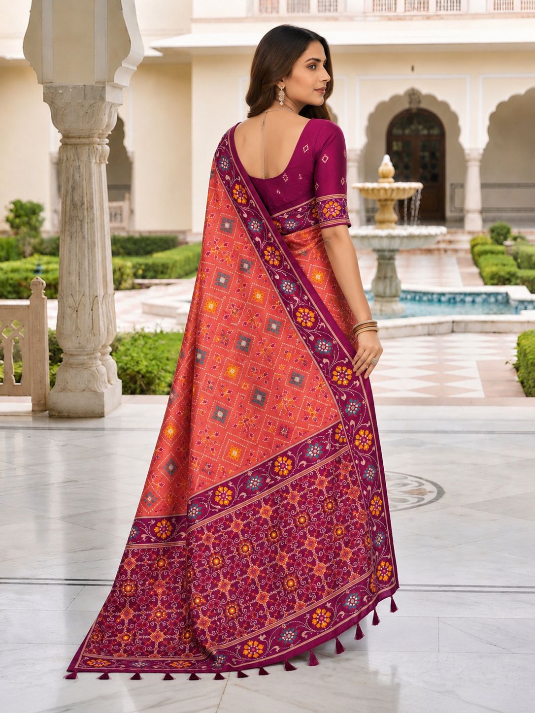Coral Pink Designer Printed Saree