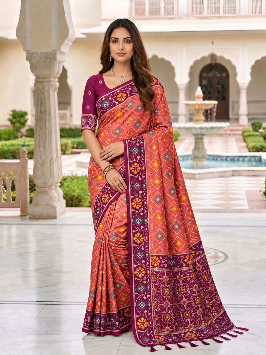 Coral Pink Designer Printed Saree