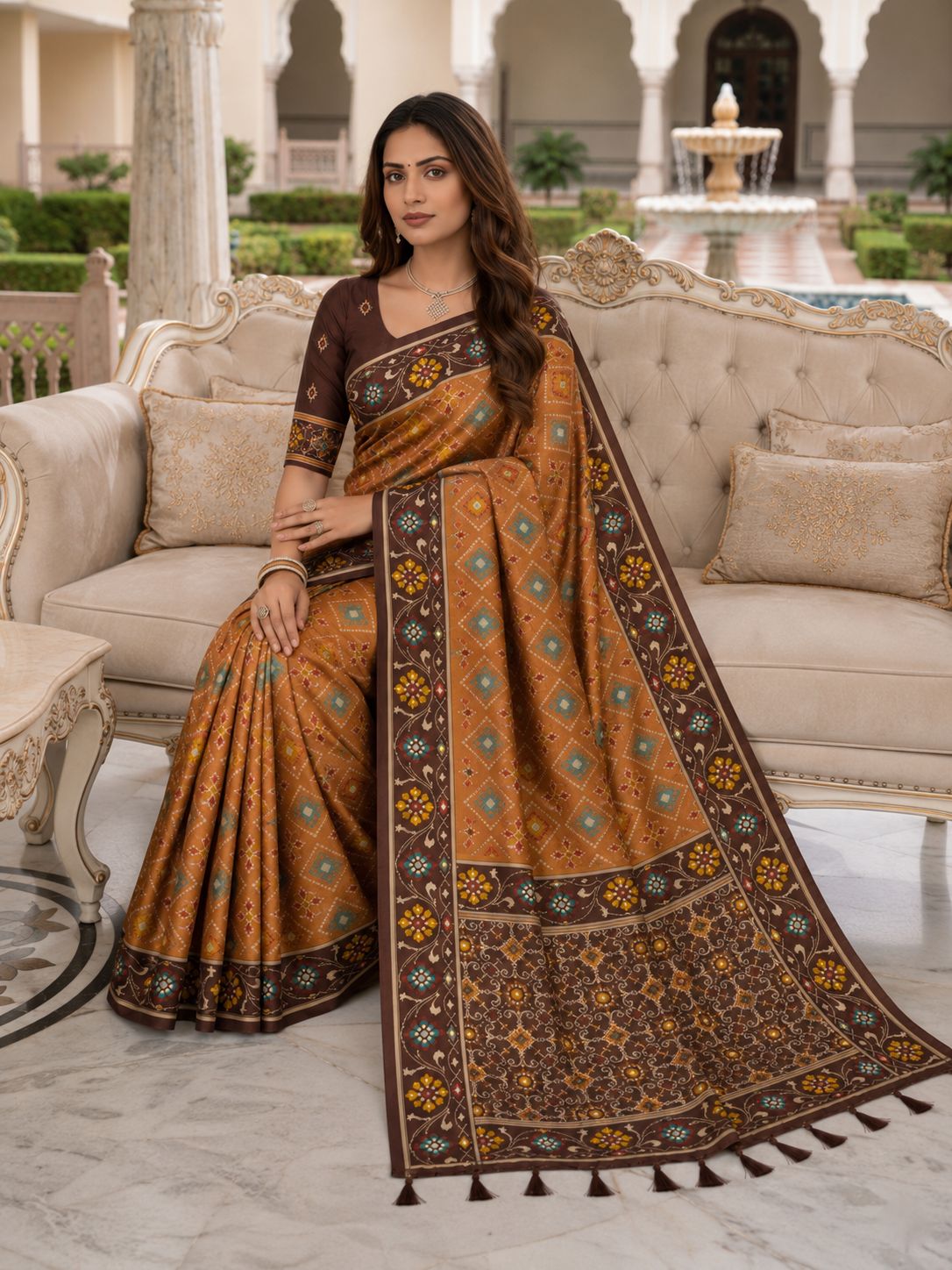 Rust Orange & Chocolate Brown Traditional Printed Saree with Floral Border and Tassels
