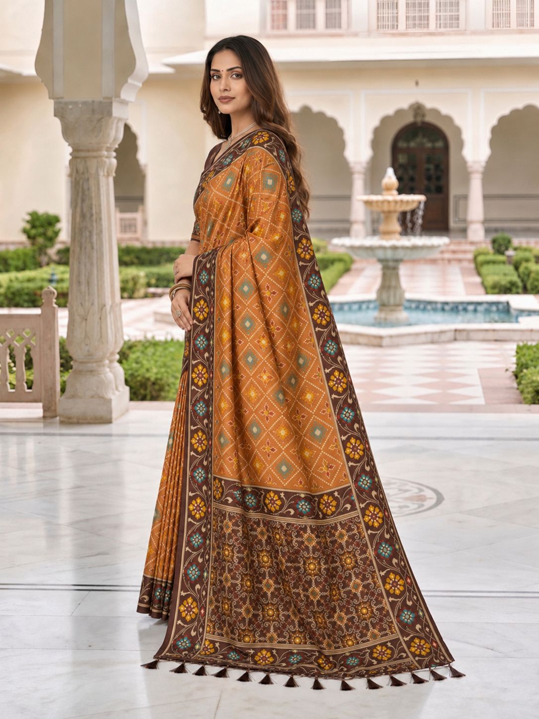 Rust Orange & Chocolate Brown Traditional Printed Saree with Floral Border and Tassels