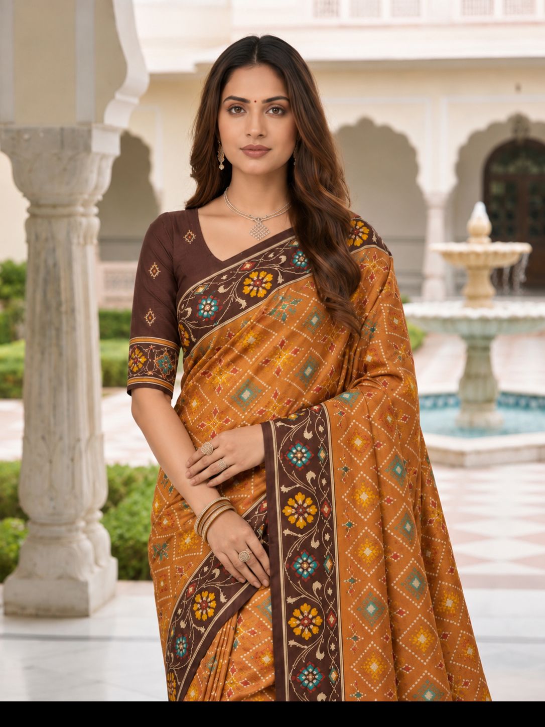 Rust Orange & Chocolate Brown Traditional Printed Saree with Floral Border and Tassels
