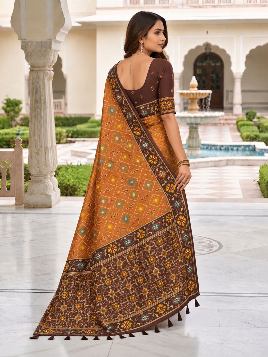 Rust Orange & Chocolate Brown Traditional Printed Saree with Floral Border and Tassels
