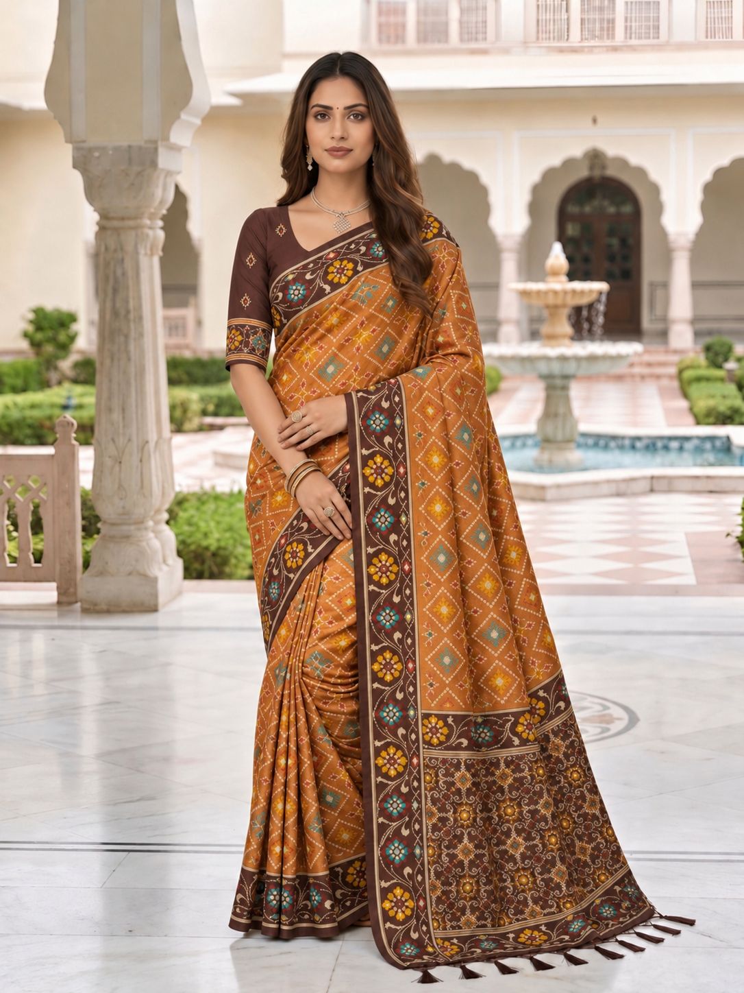 Rust Orange & Chocolate Brown Traditional Printed Saree with Floral Border and Tassels