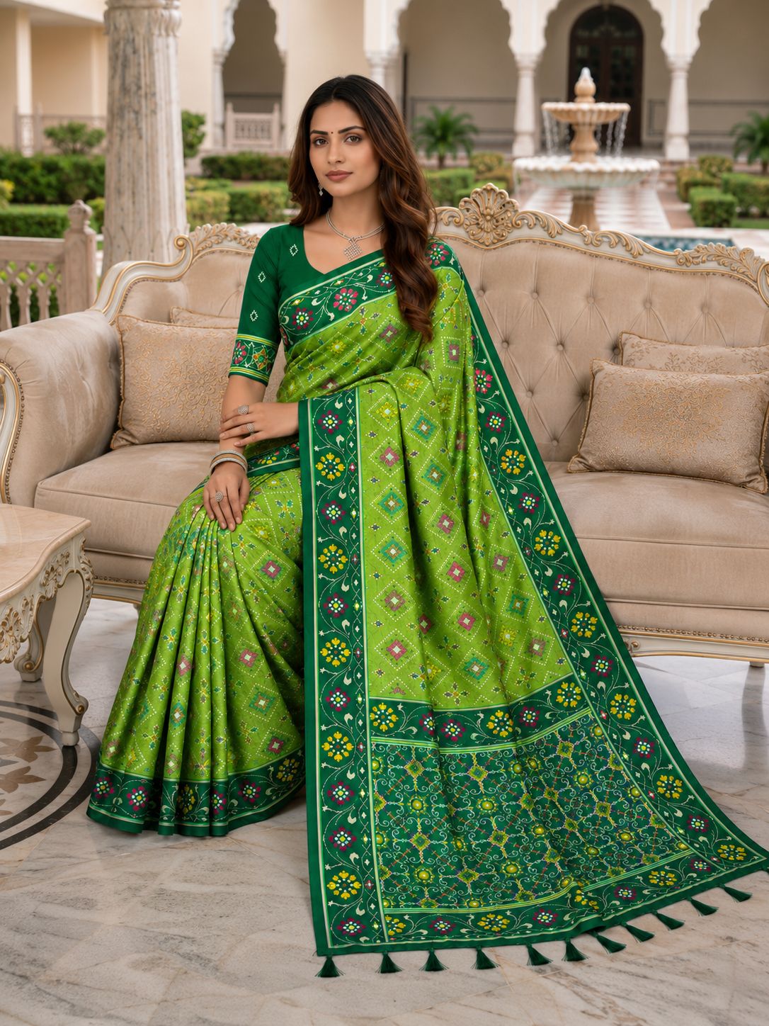 Elegant Green Printed Designer Saree with Floral Border & Tassel Pallu