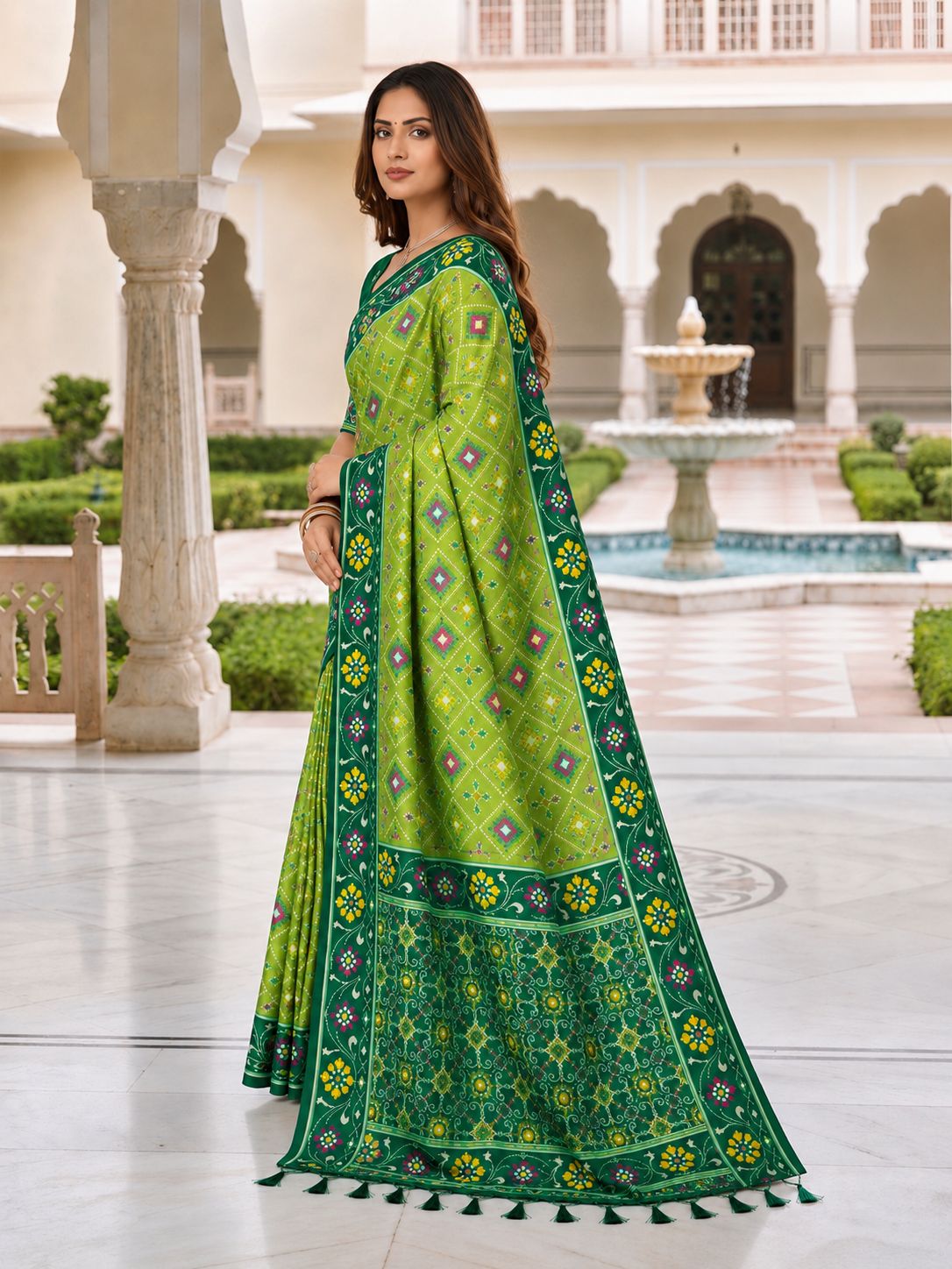 Elegant Green Printed Designer Saree with Floral Border & Tassel Pallu