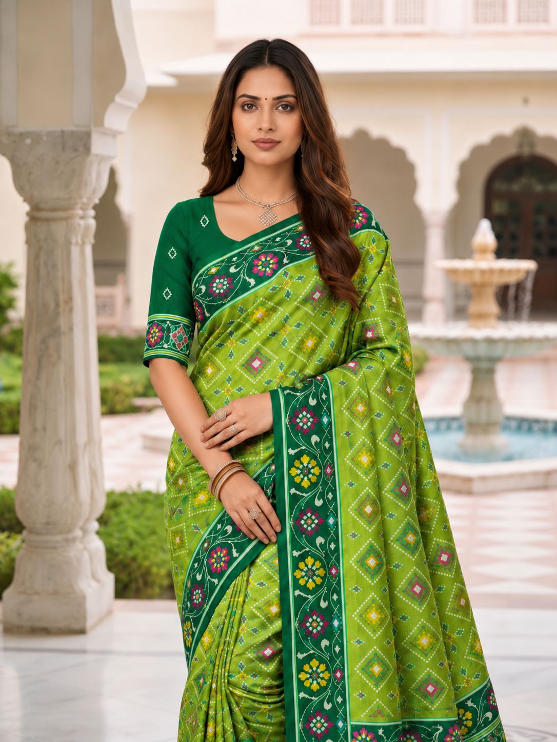Elegant Green Printed Designer Saree with Floral Border & Tassel Pallu