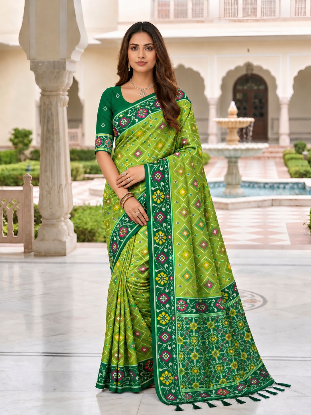 Elegant Green Printed Designer Saree with Floral Border & Tassel Pallu