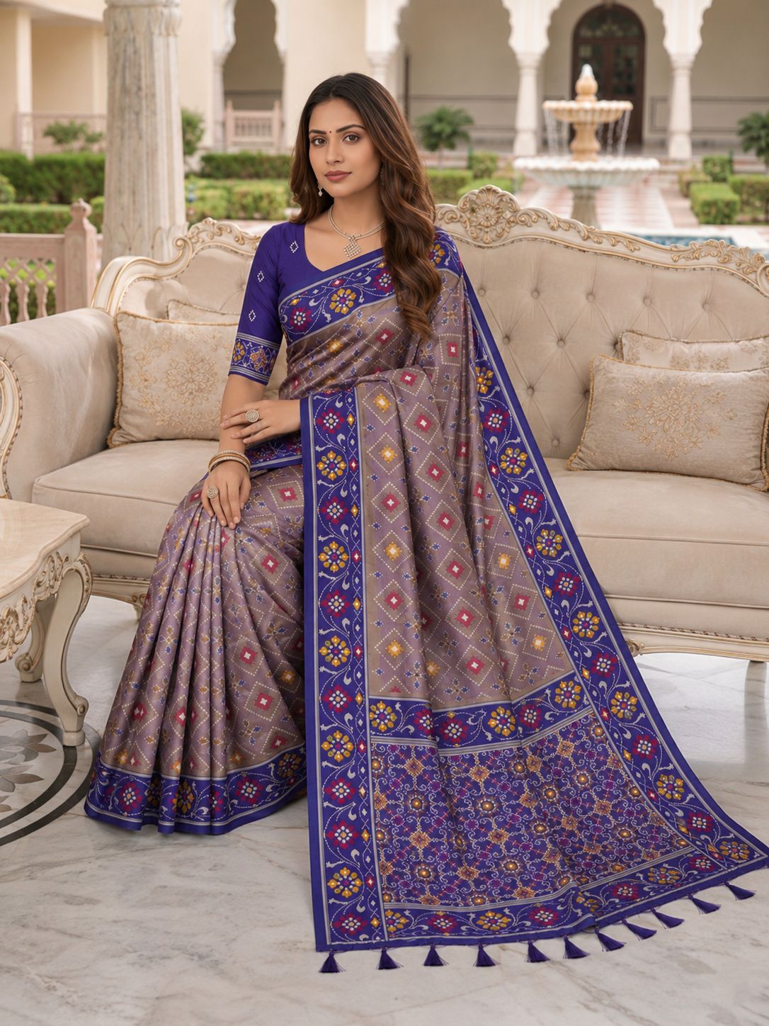 Elegant Mauve & Royal Blue Printed Designer Saree with Floral Border