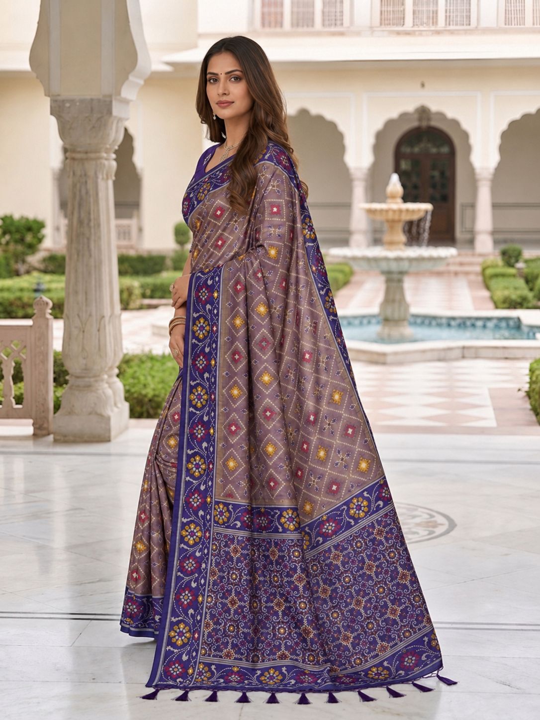 Elegant Mauve & Royal Blue Printed Designer Saree with Floral Border