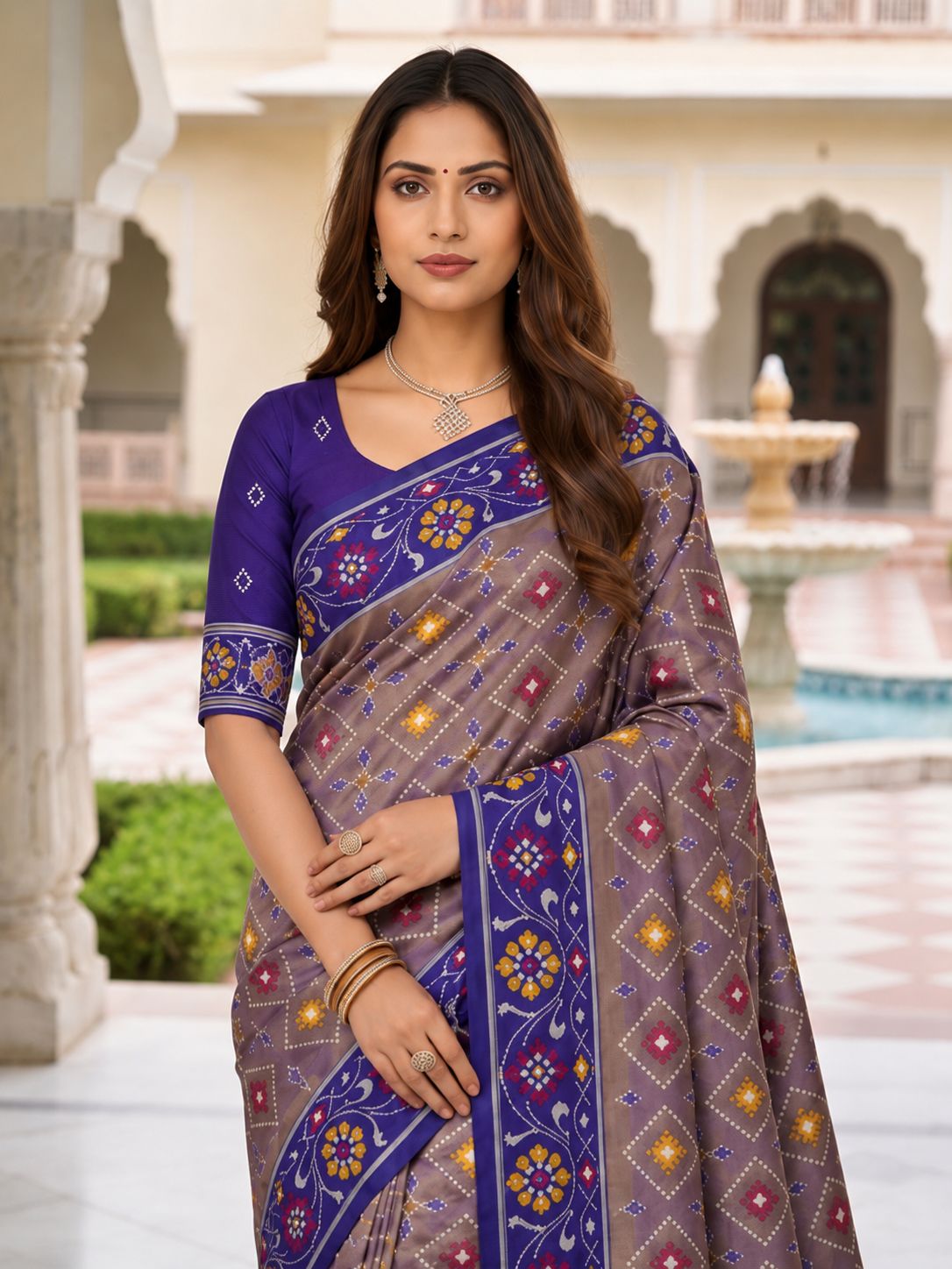 Elegant Mauve & Royal Blue Printed Designer Saree with Floral Border