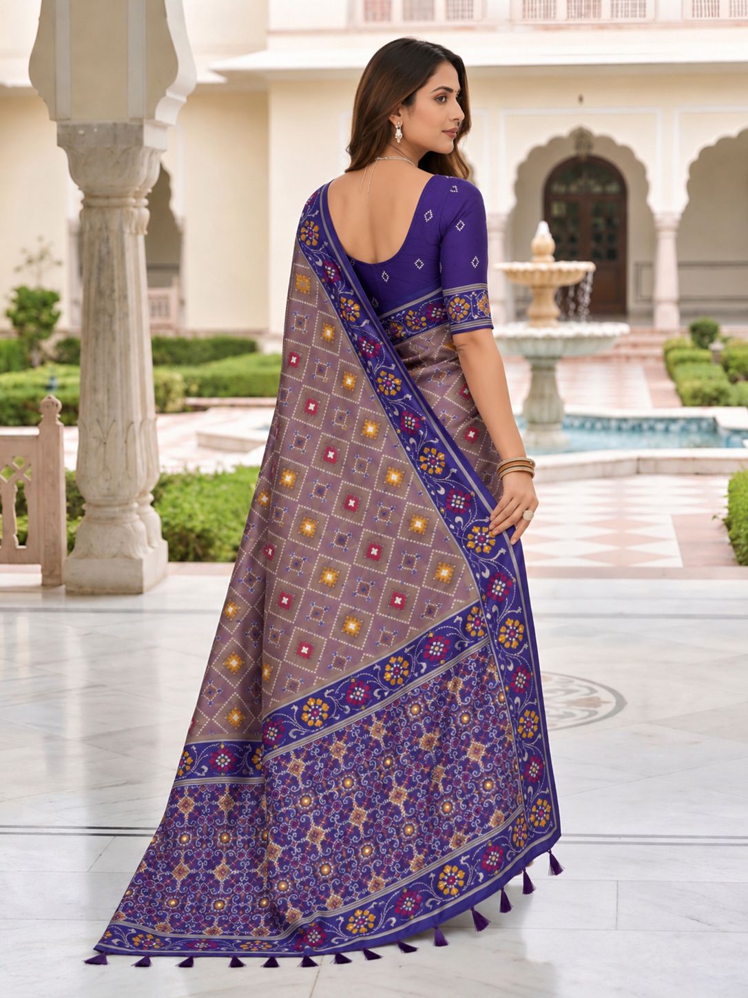 Elegant Mauve & Royal Blue Printed Designer Saree with Floral Border