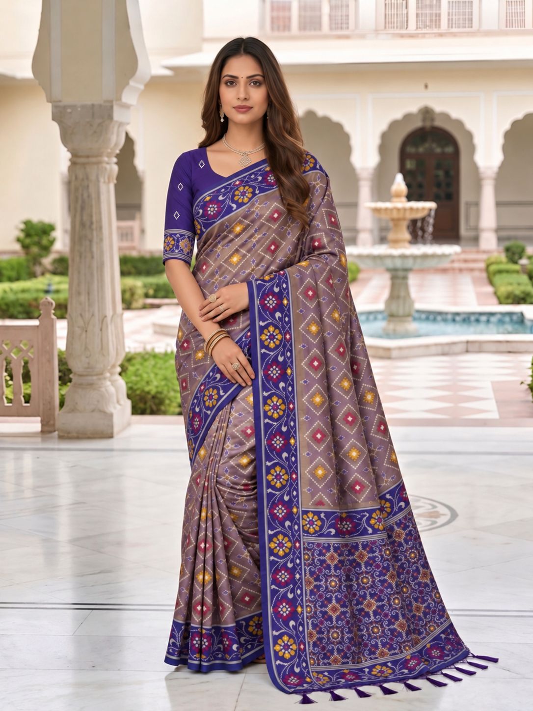 Elegant Mauve & Royal Blue Printed Designer Saree with Floral Border
