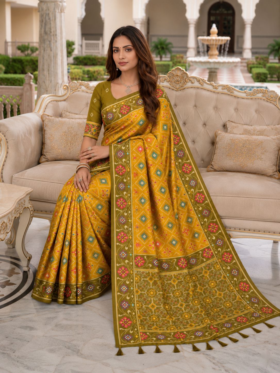 Mustard Yellow Designer Printed Saree with Floral Border & Tassel Pallu