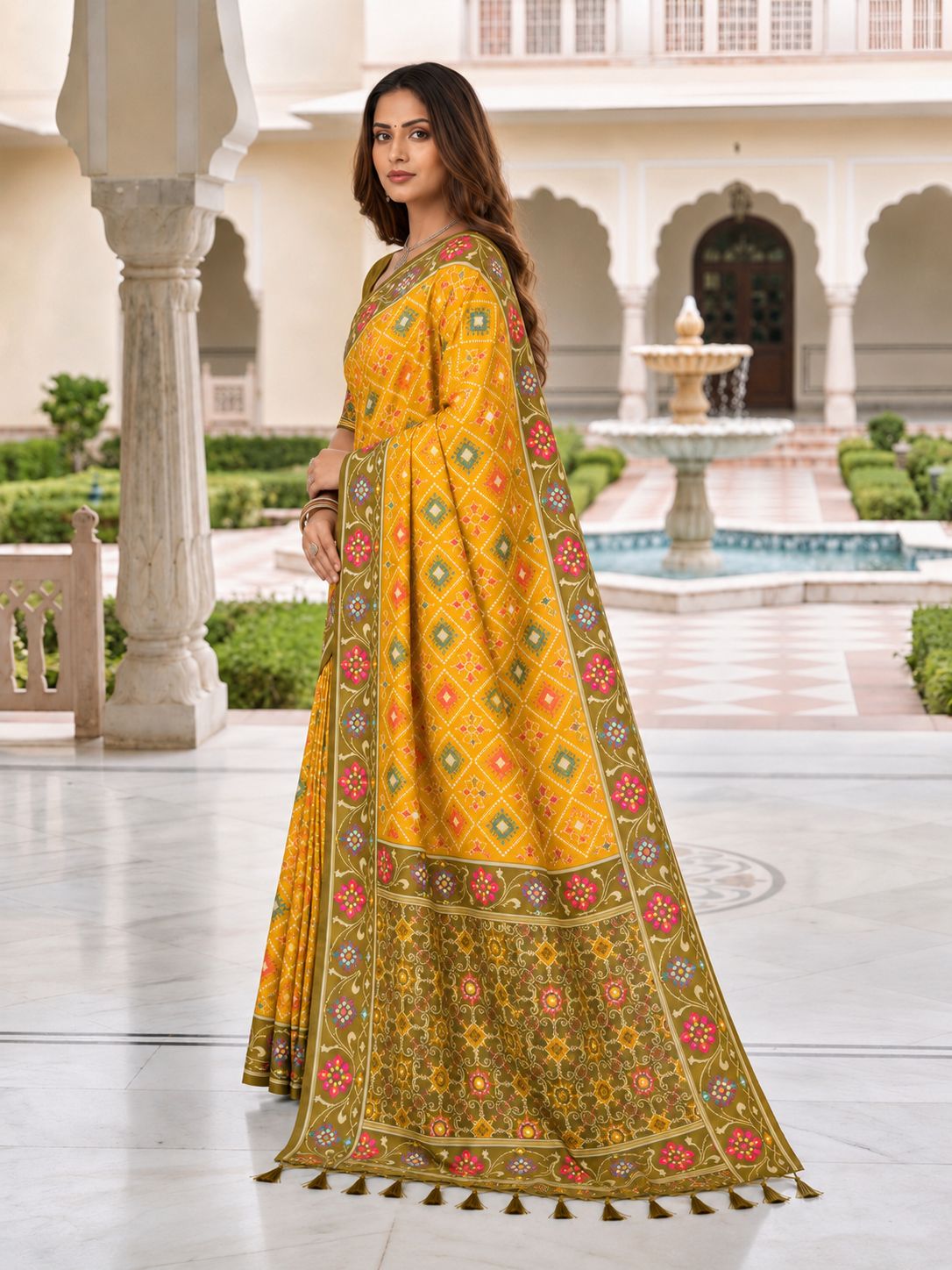 Mustard Yellow Designer Printed Saree with Floral Border & Tassel Pallu