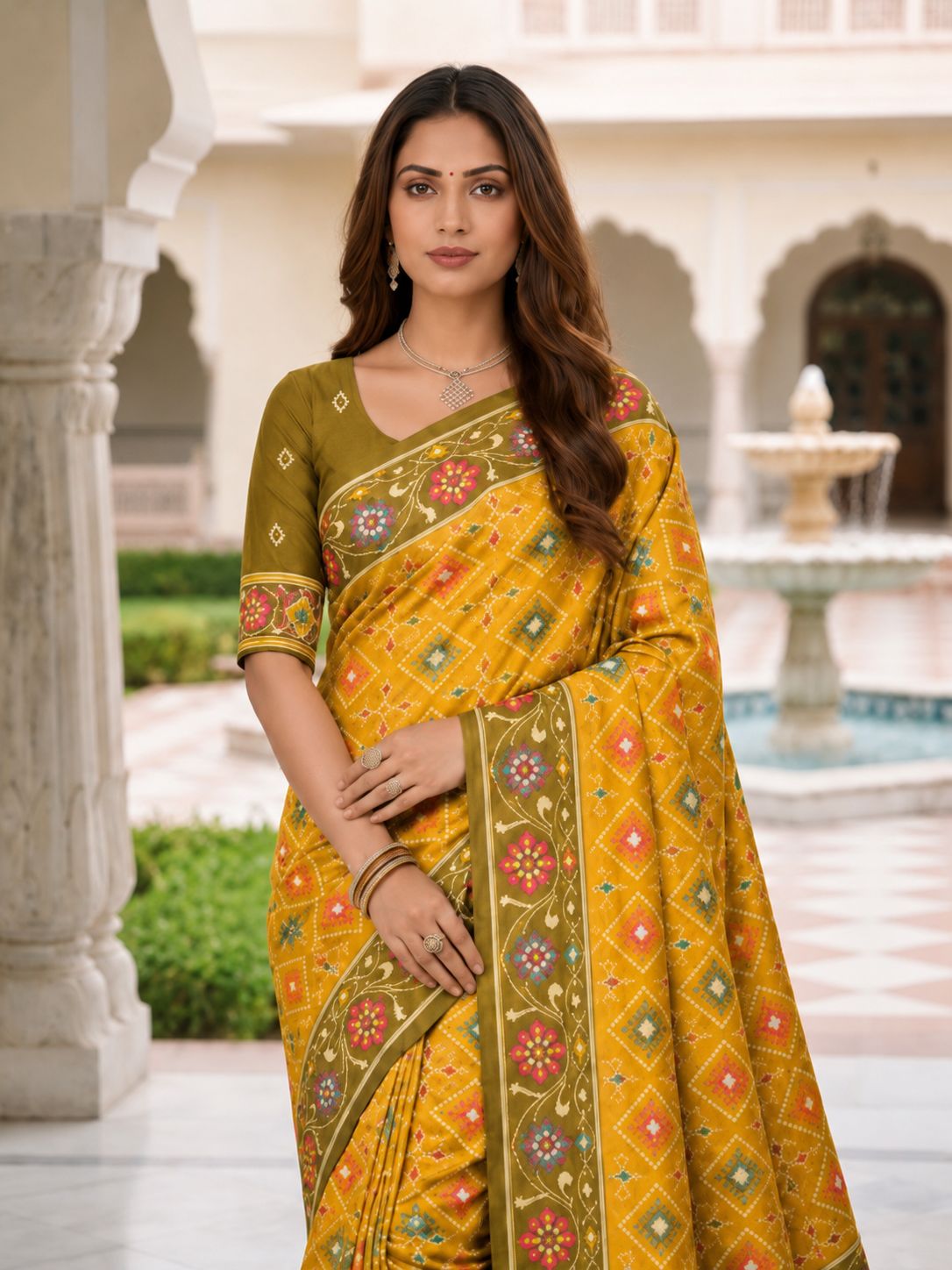 Mustard Yellow Designer Printed Saree with Floral Border & Tassel Pallu