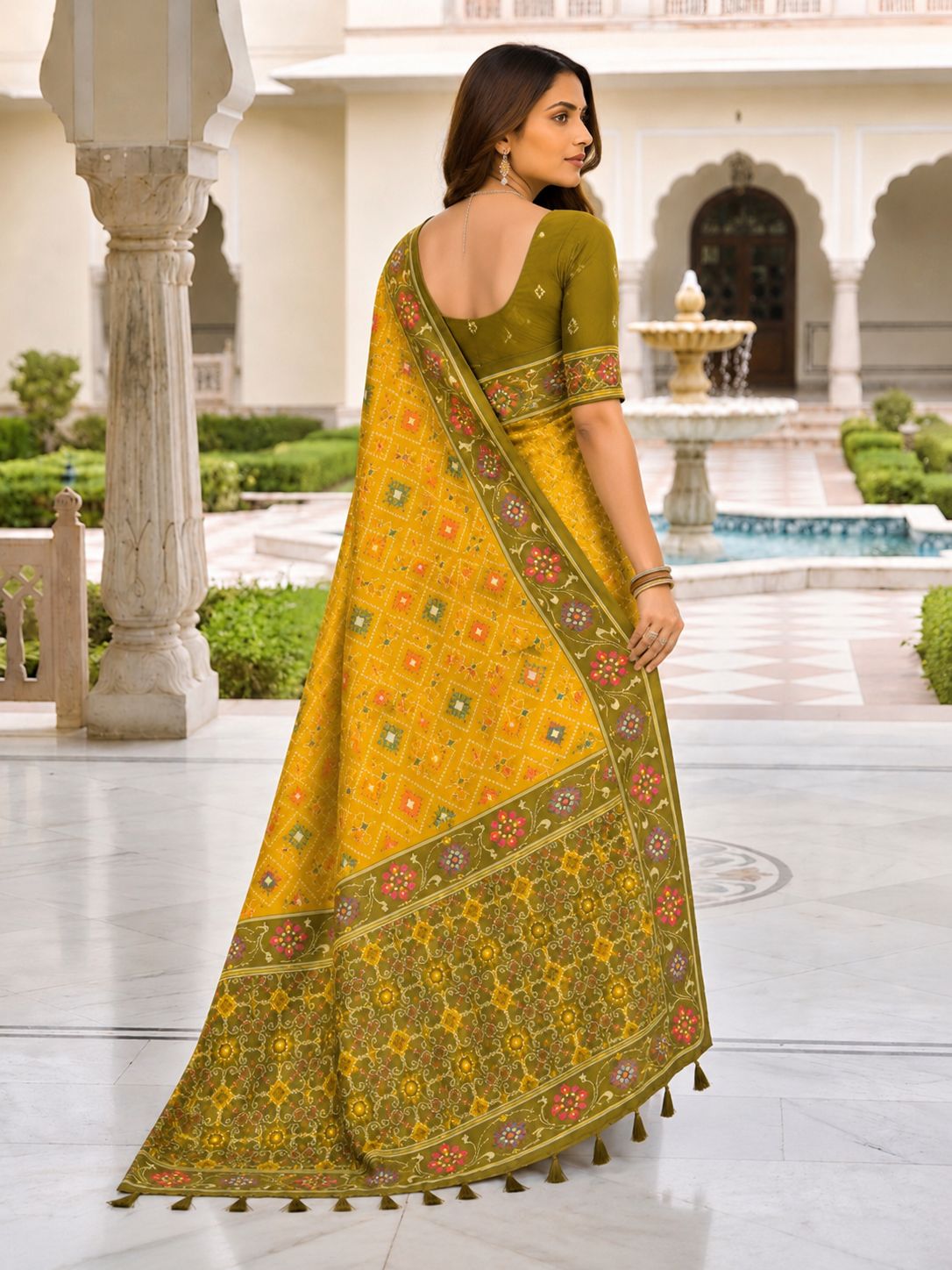 Mustard Yellow Designer Printed Saree with Floral Border & Tassel Pallu