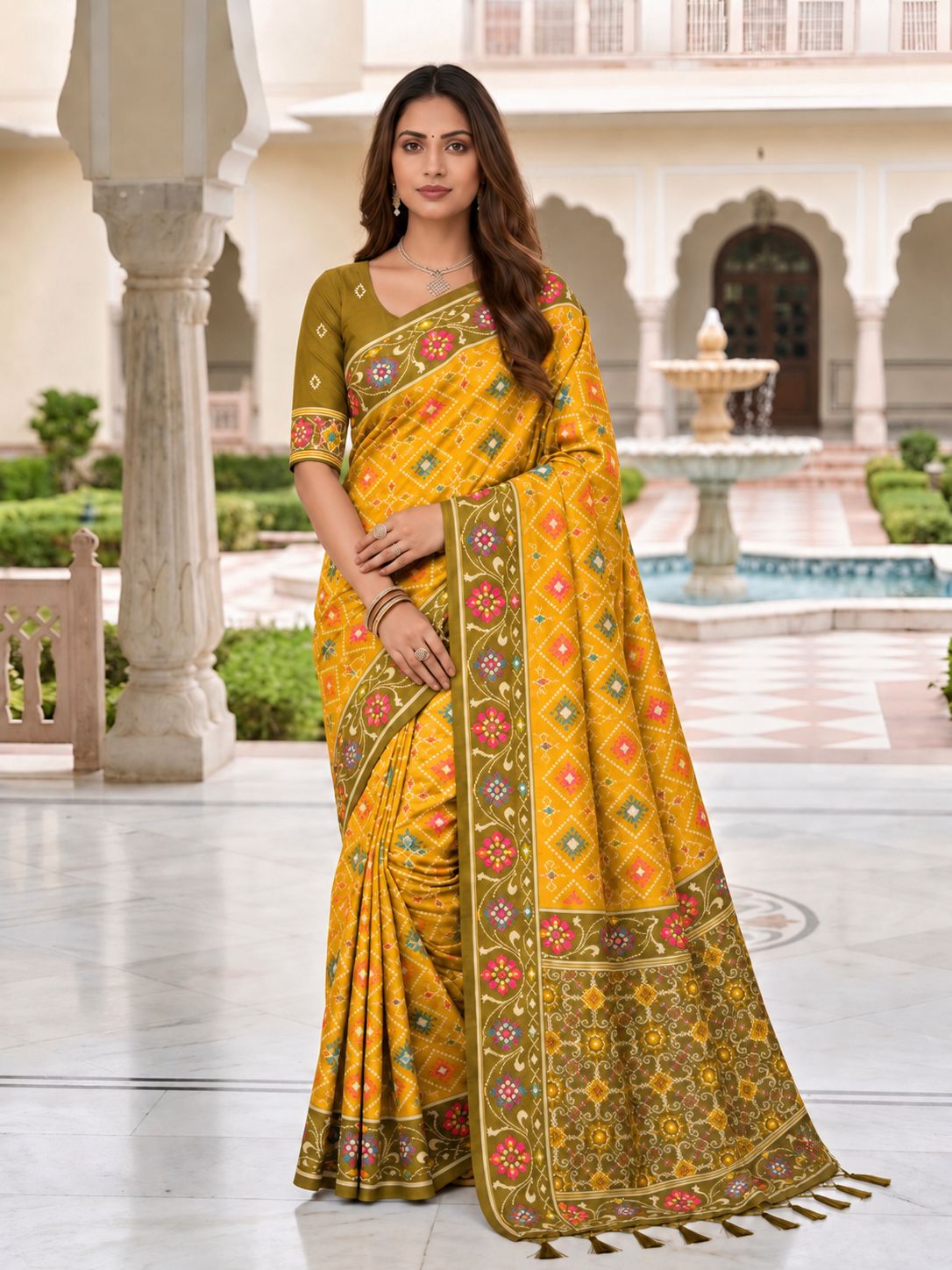 Mustard Yellow Designer Printed Saree with Floral Border & Tassel Pallu