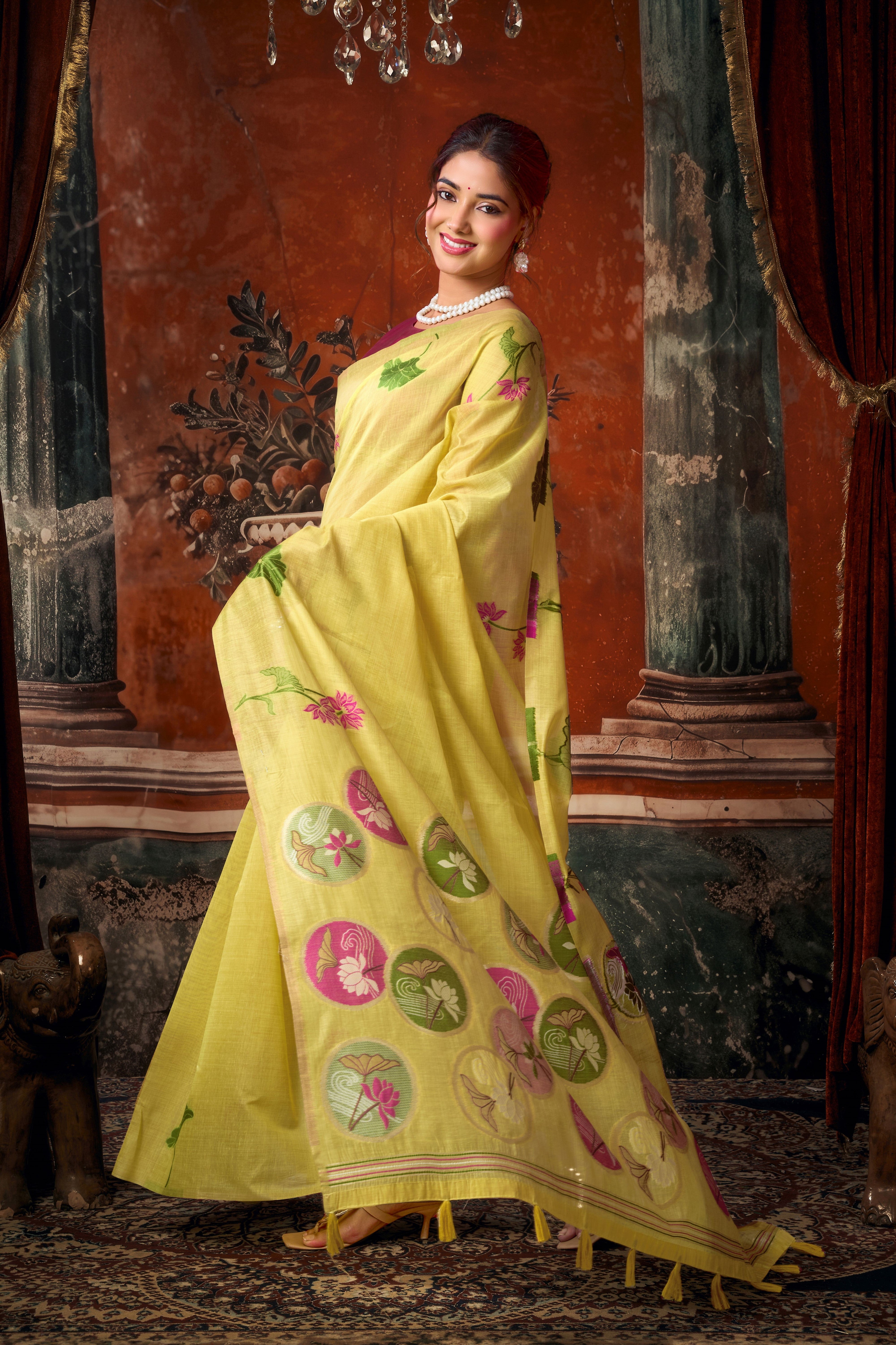 Yellow Khadi Cotton Saree with Woven Designer Work | Vibrant Party Wear Saree