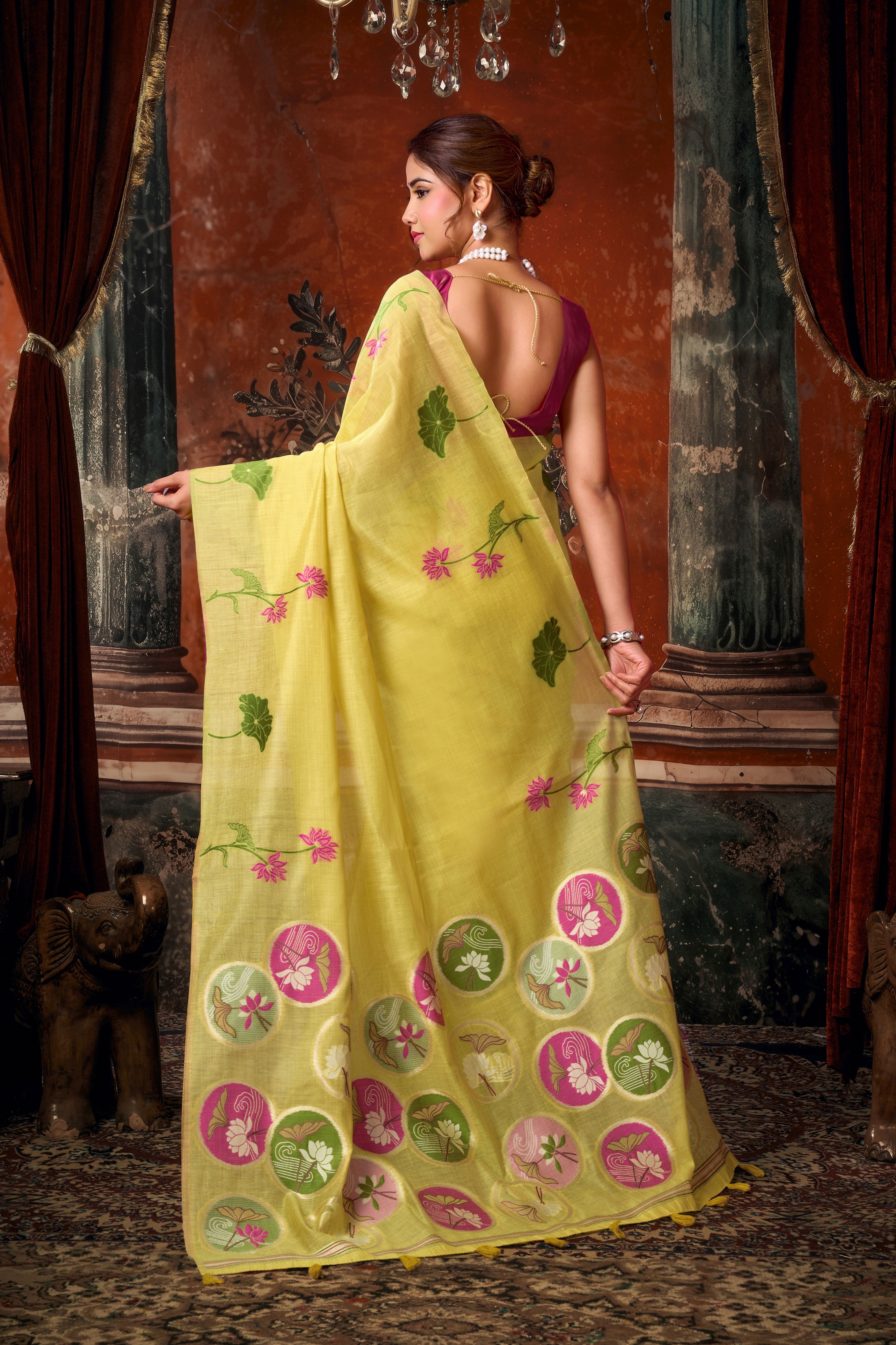 Yellow Khadi Cotton Saree with Woven Designer Work | Vibrant Party Wear Saree