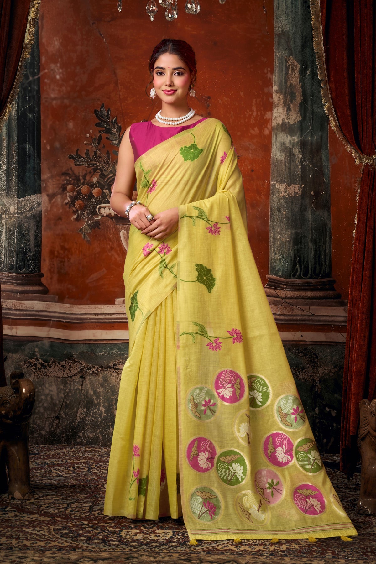 Yellow Khadi Cotton Saree with Woven Designer Work | Vibrant Party Wear Saree