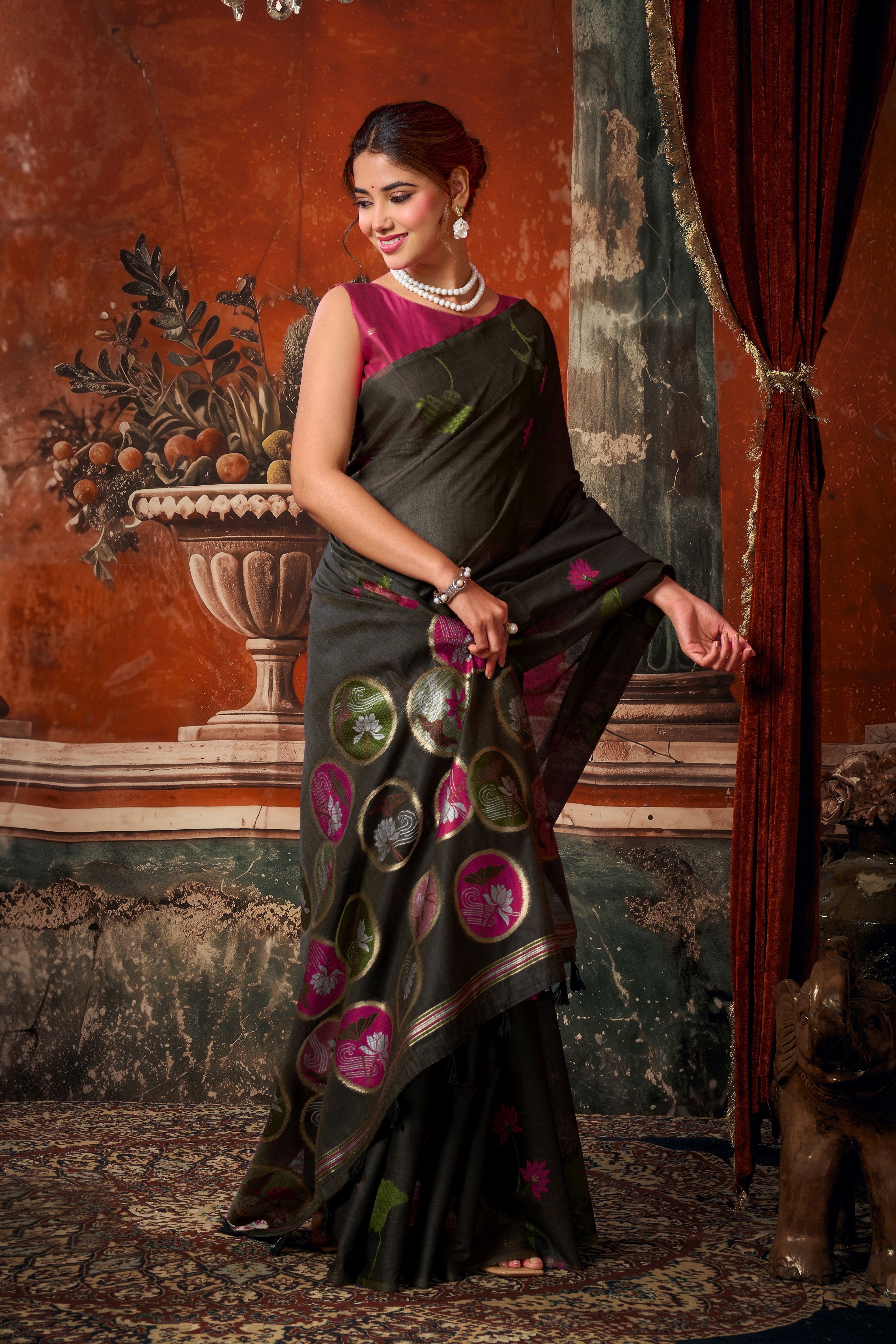 Black Khadi Cotton Saree with Woven Designer Work | Statement Party Wear Saree