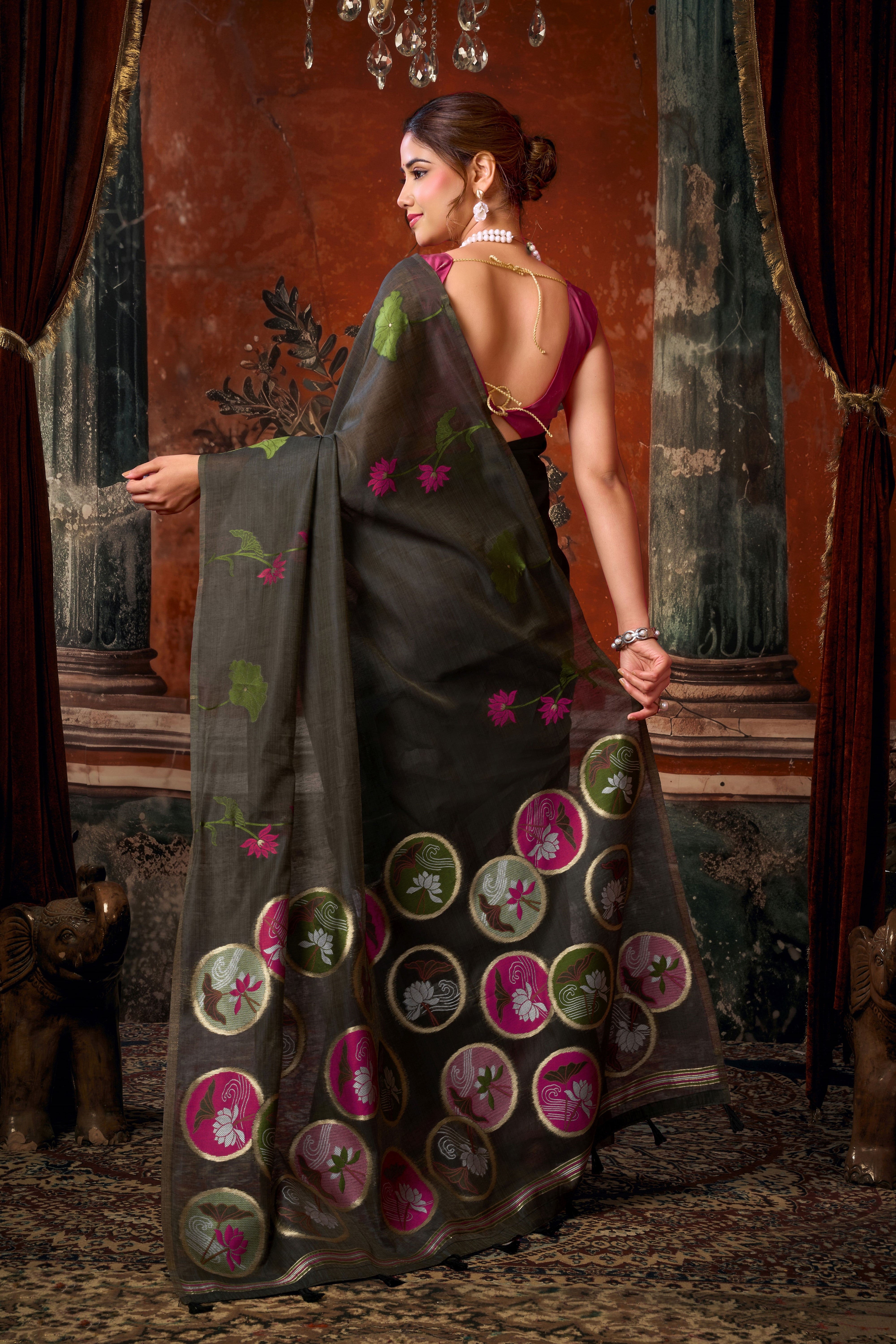 Black Khadi Cotton Saree with Woven Designer Work | Statement Party Wear Saree