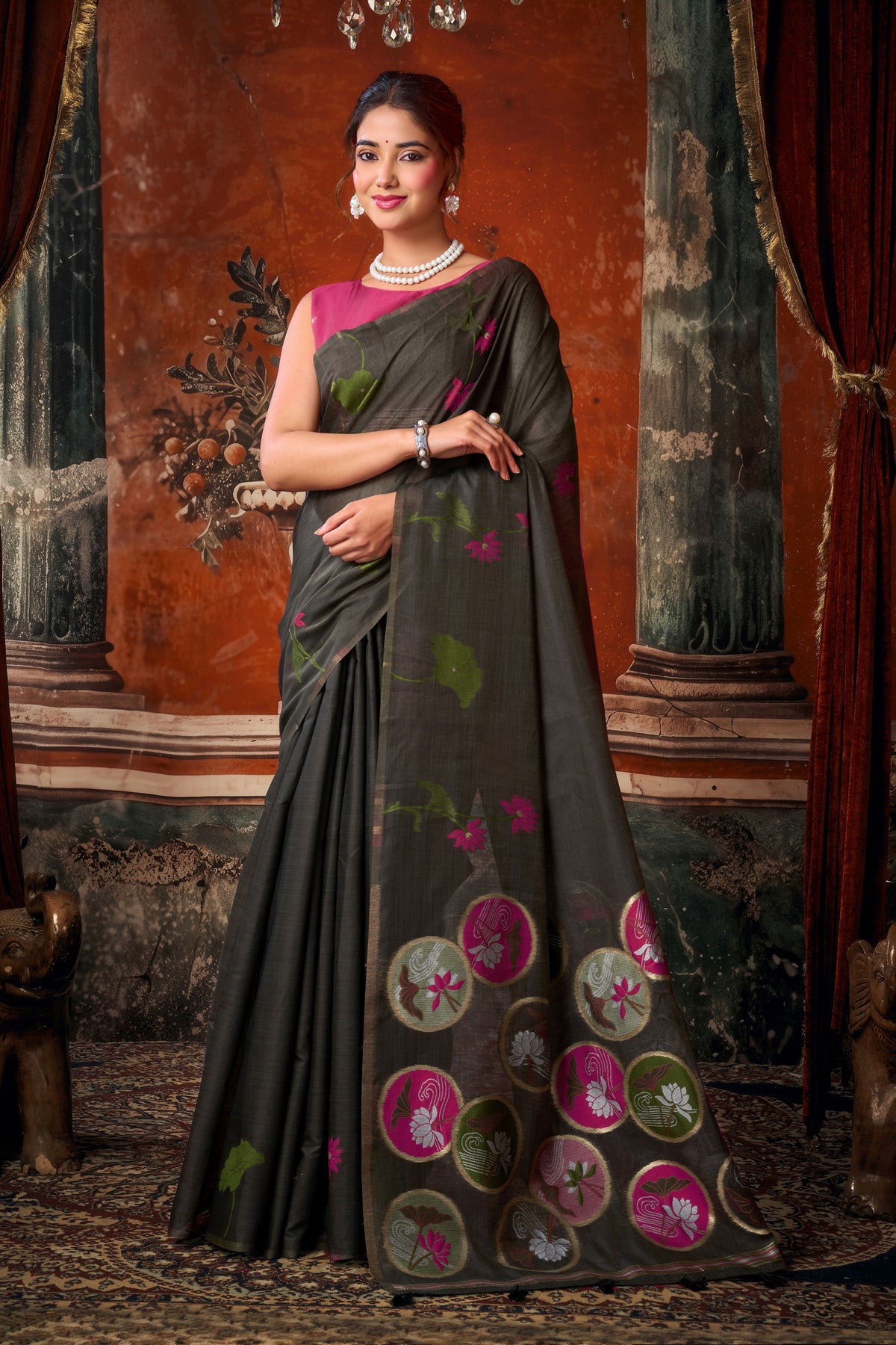 Black Khadi Cotton Saree with Woven Designer Work | Statement Party Wear Saree