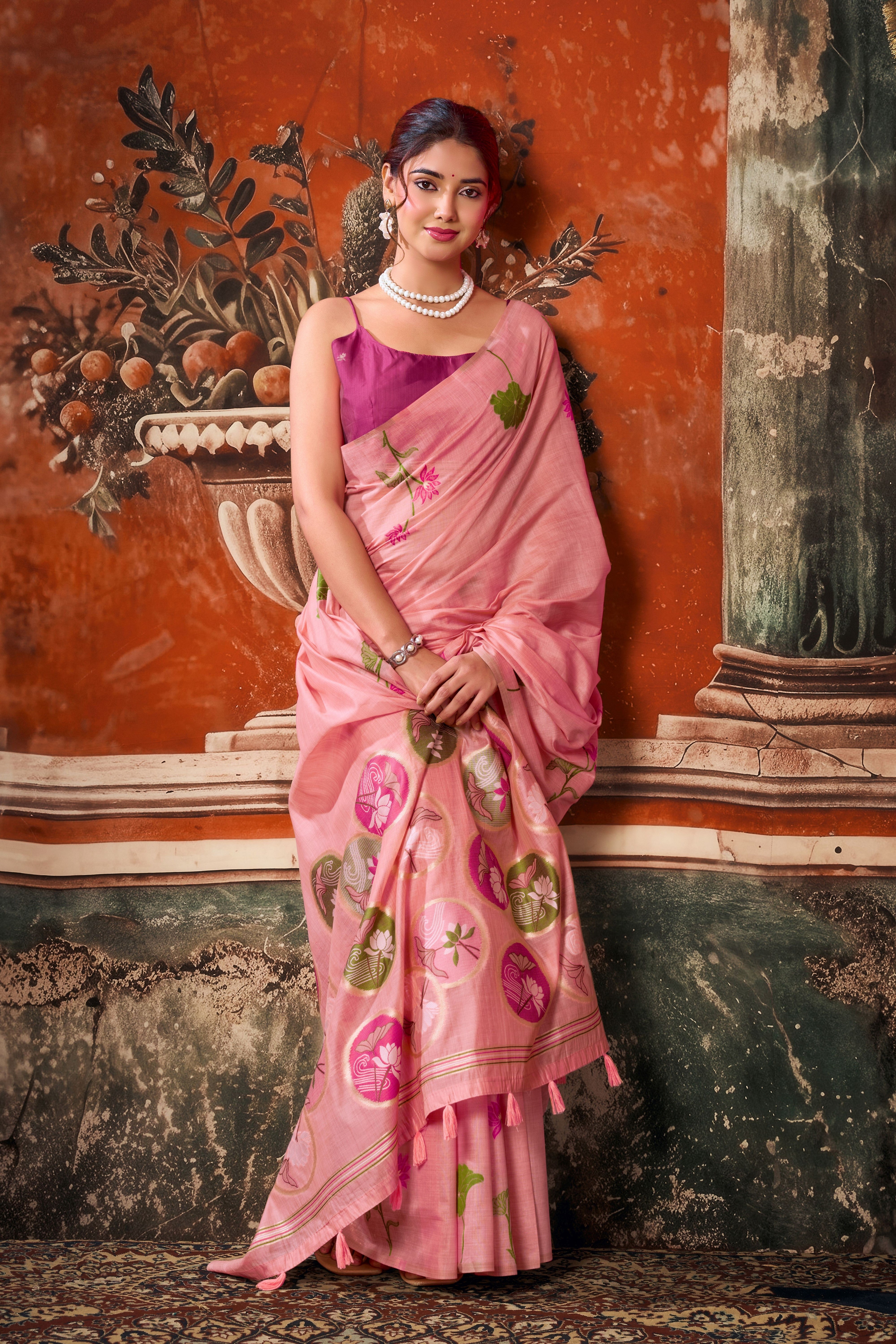 Pink Khadi Cotton Saree with Woven Designer Work | Elegant Party Wear Saree