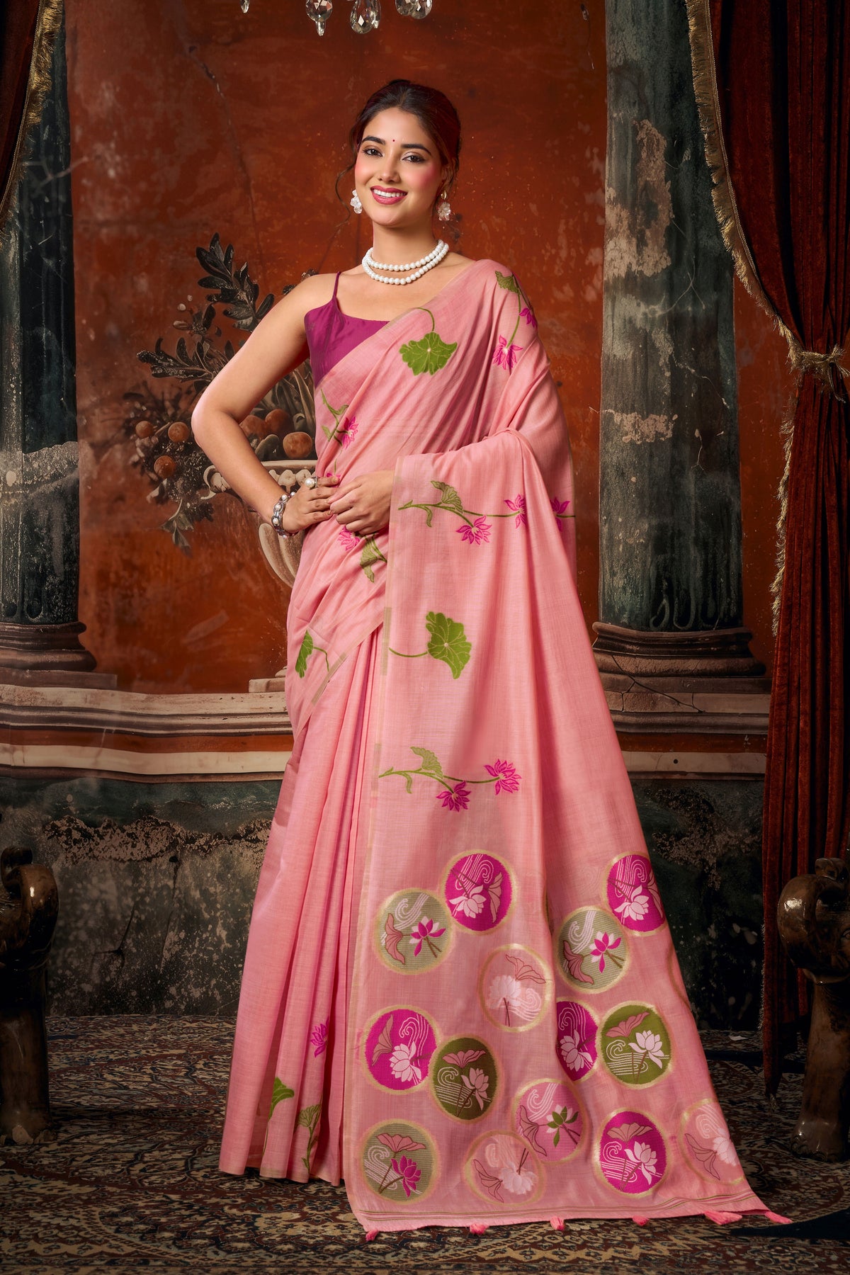Pink Khadi Cotton Saree with Woven Designer Work | Elegant Party Wear Saree