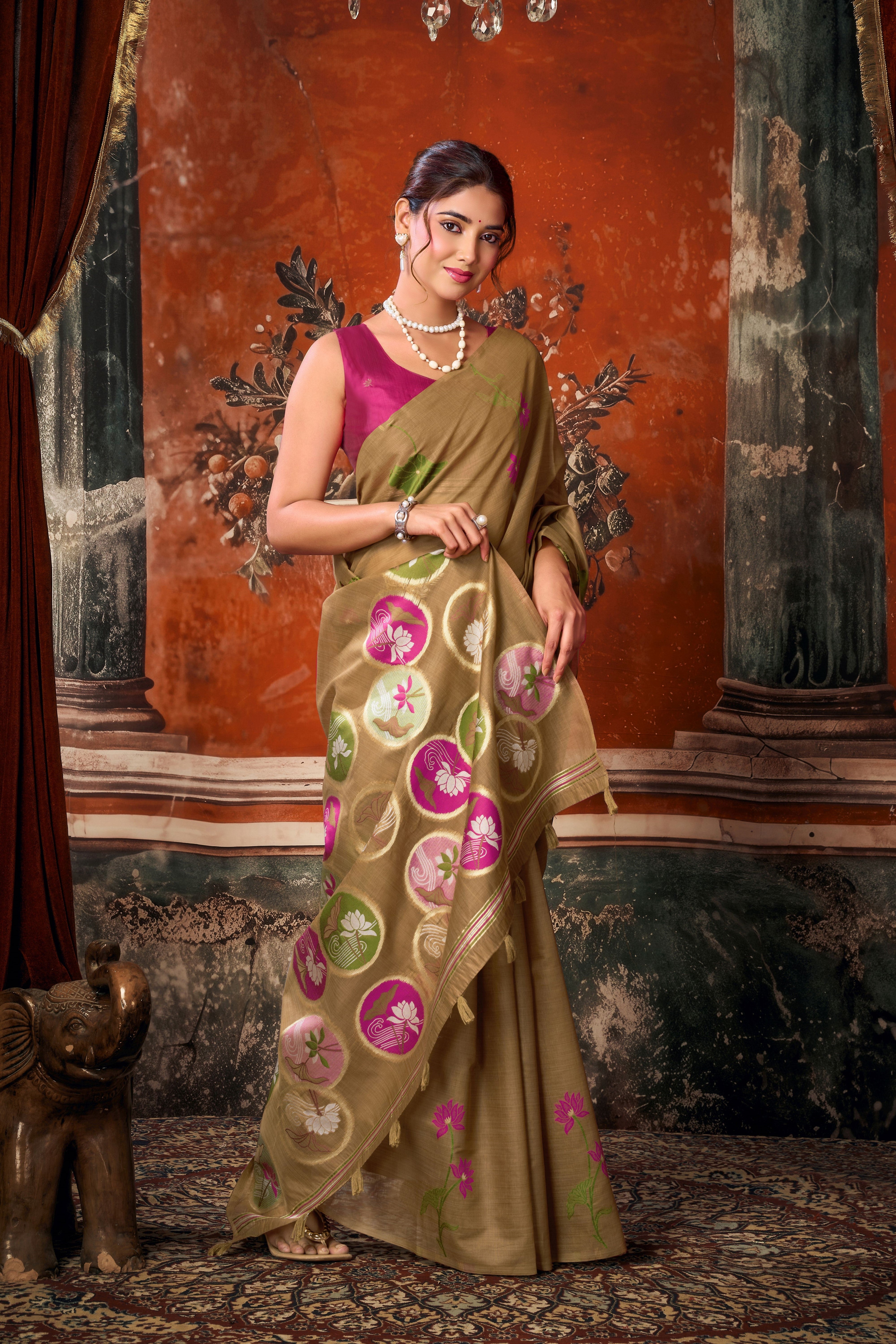Brown Khadi Cotton Saree with Woven Designer Work | Stylish Party Wear Saree