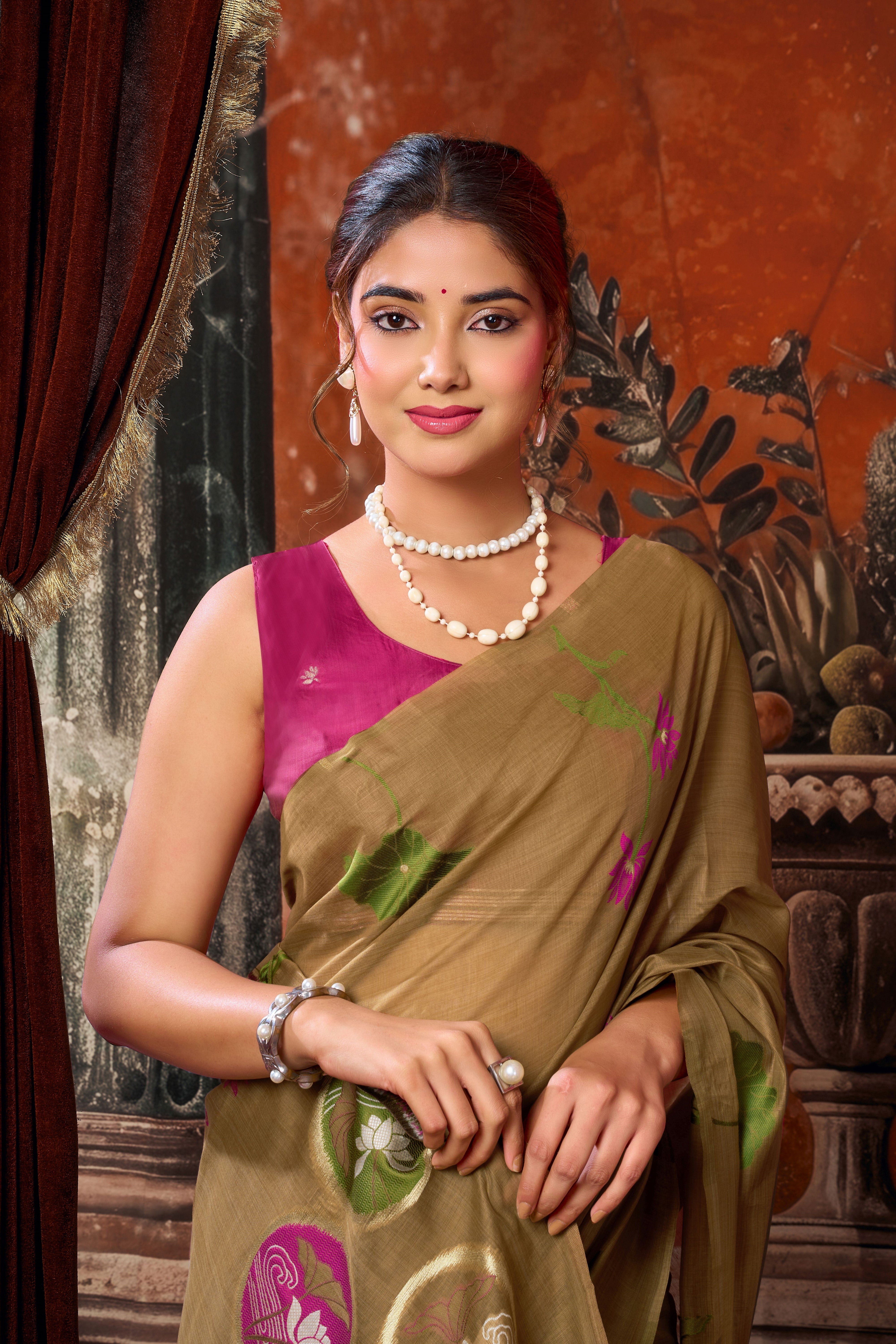 Brown Khadi Cotton Saree with Woven Designer Work | Stylish Party Wear Saree