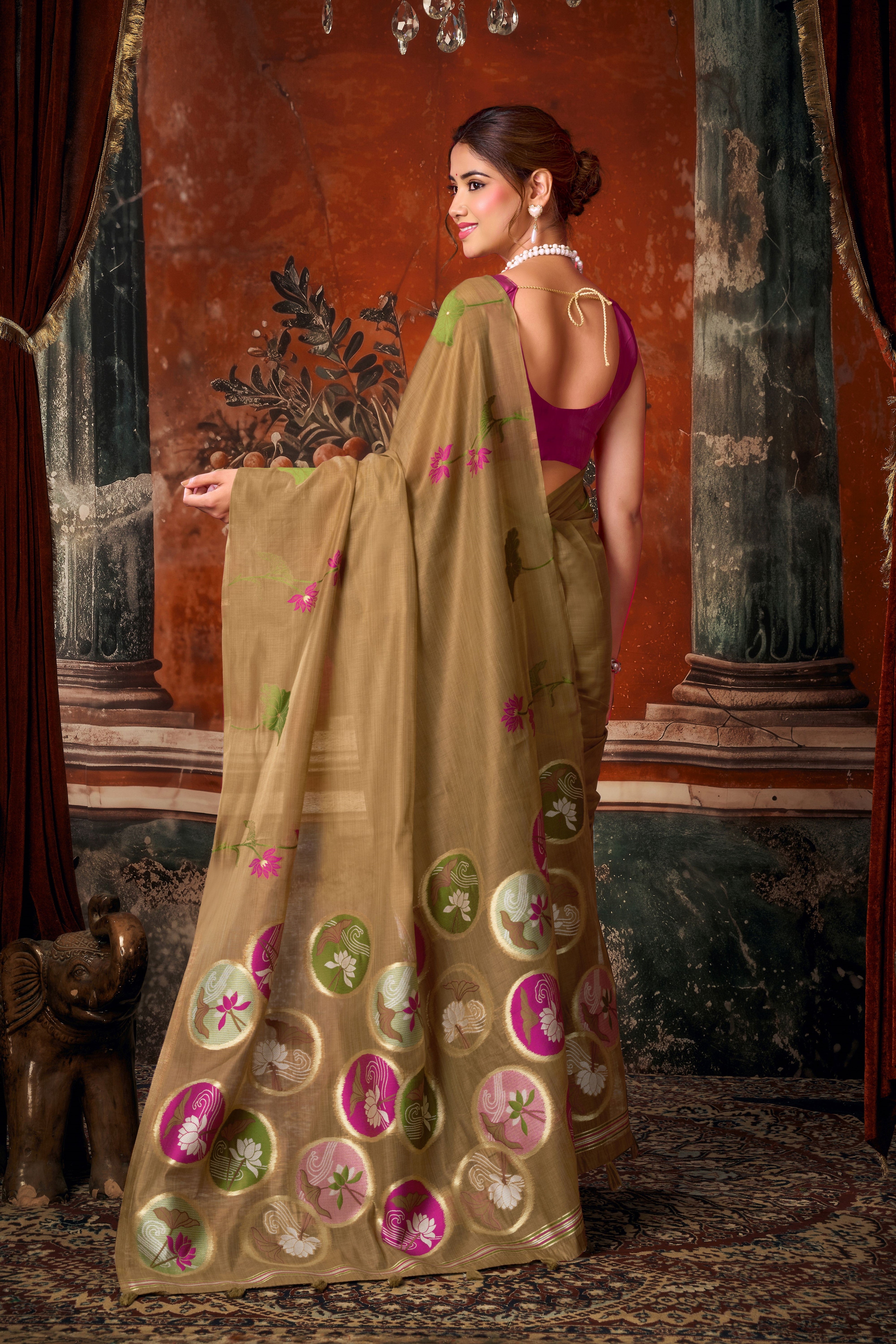 Brown Khadi Cotton Saree with Woven Designer Work | Stylish Party Wear Saree