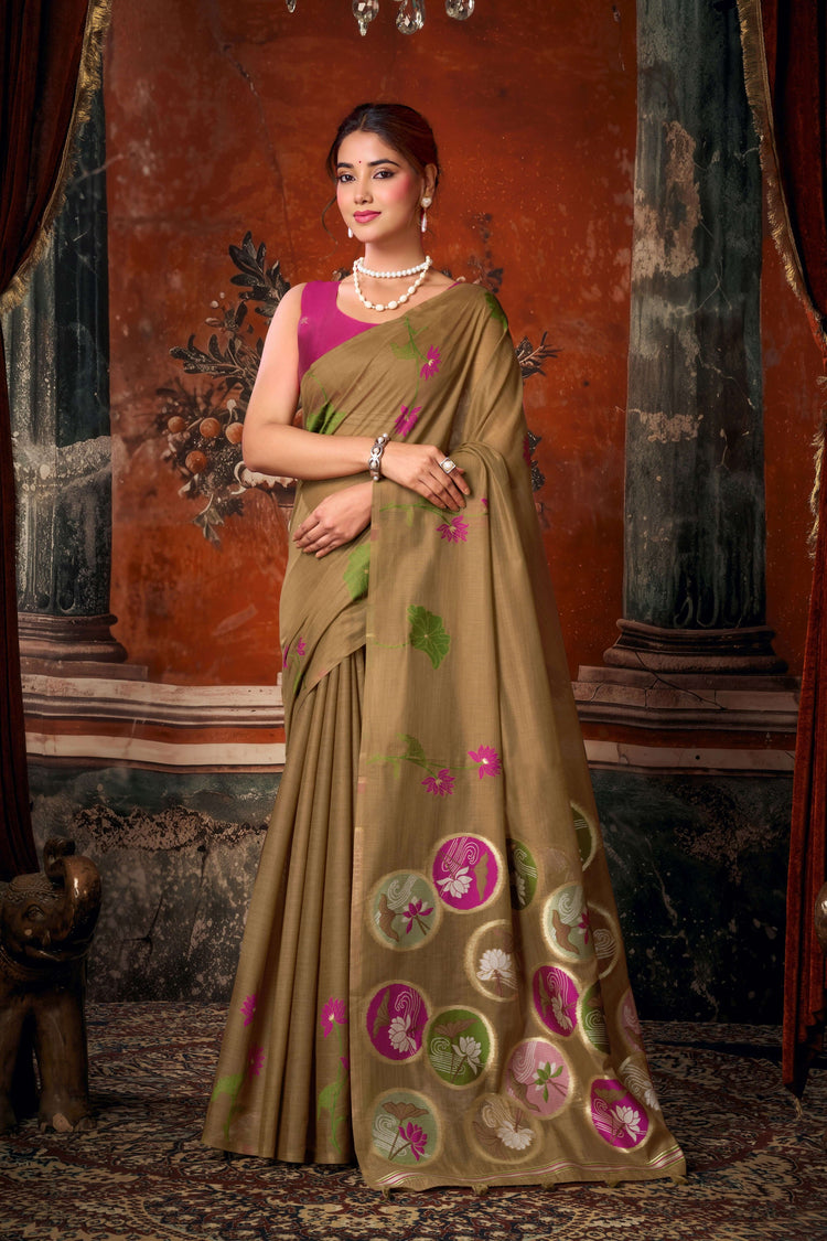 Brown Khadi Cotton Saree with Woven Designer Work | Party Wear Saree
