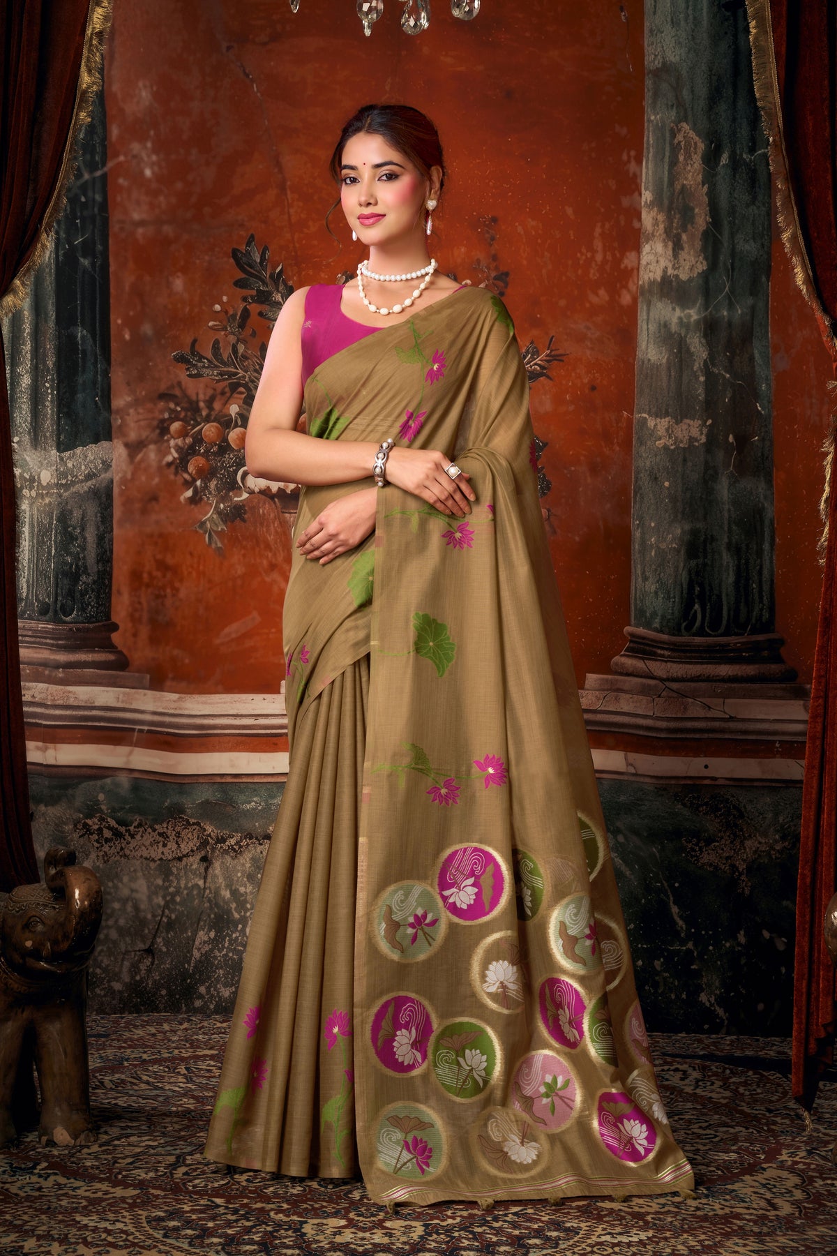 Brown Khadi Cotton Saree with Woven Designer Work | Stylish Party Wear Saree