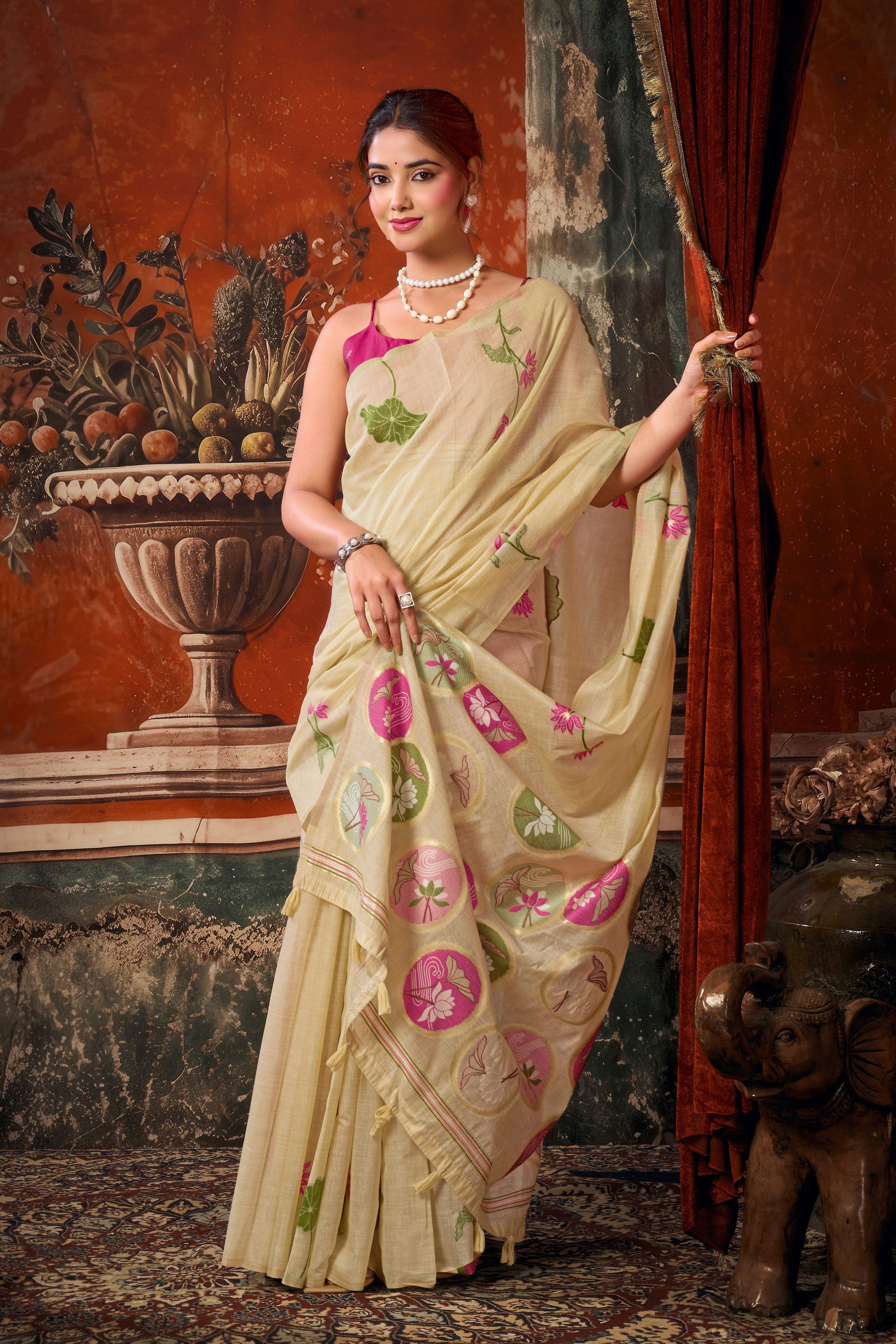 Beige Khadi Cotton Saree with Woven Designer Work | Elegant Party Wear Saree