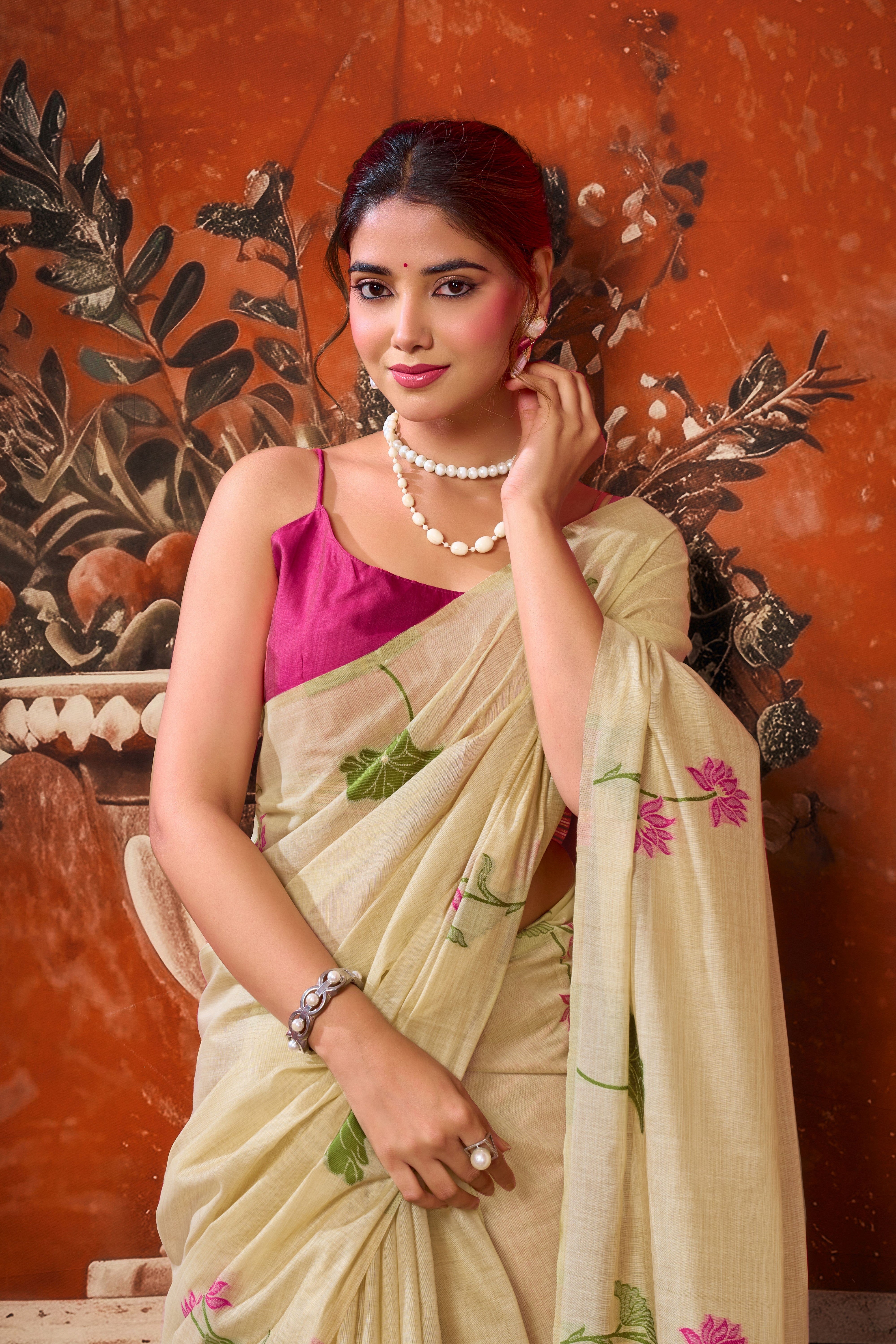 Beige Khadi Cotton Saree with Woven Designer Work | Elegant Party Wear Saree