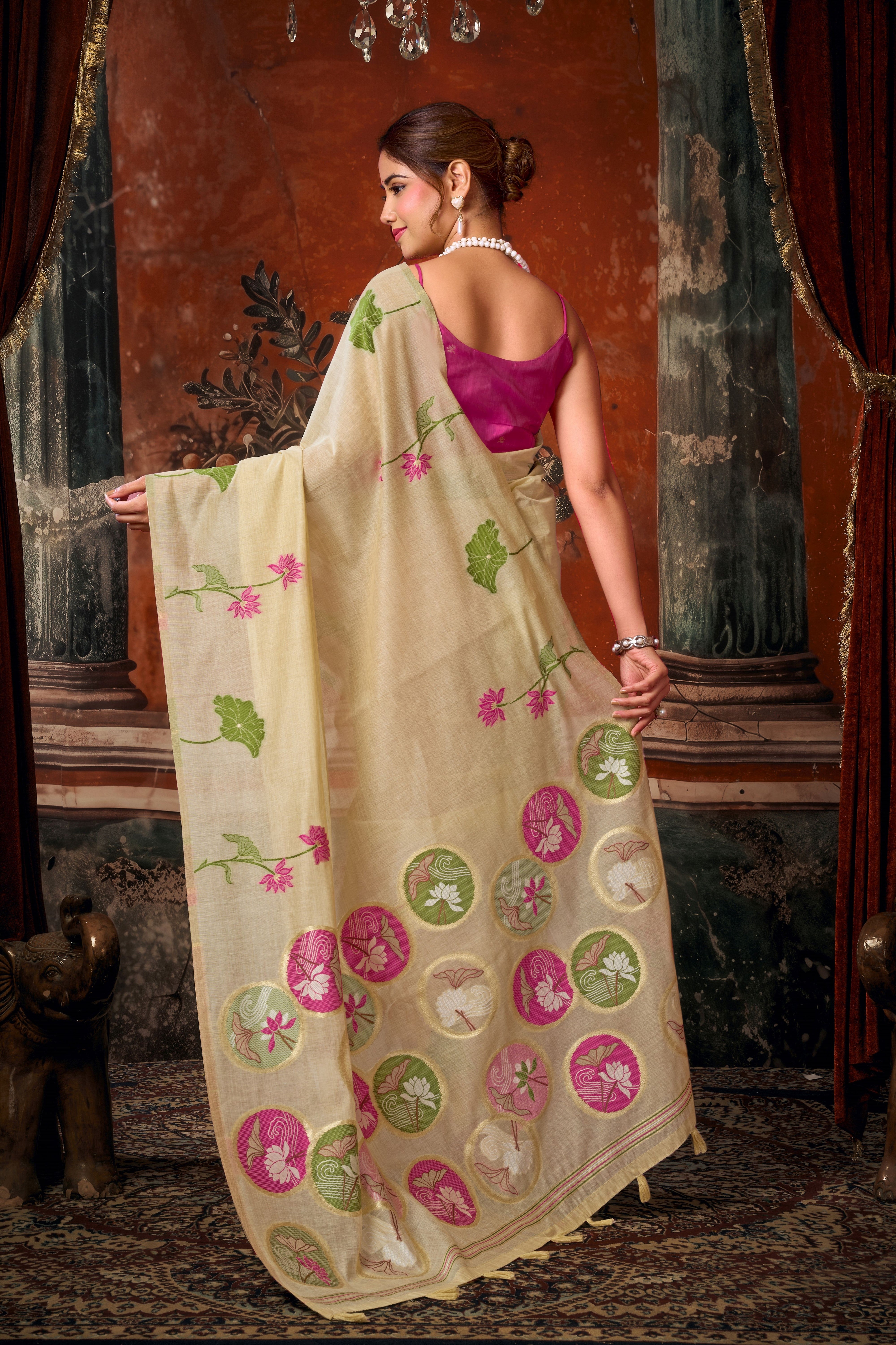 Beige Khadi Cotton Saree with Woven Designer Work | Elegant Party Wear Saree
