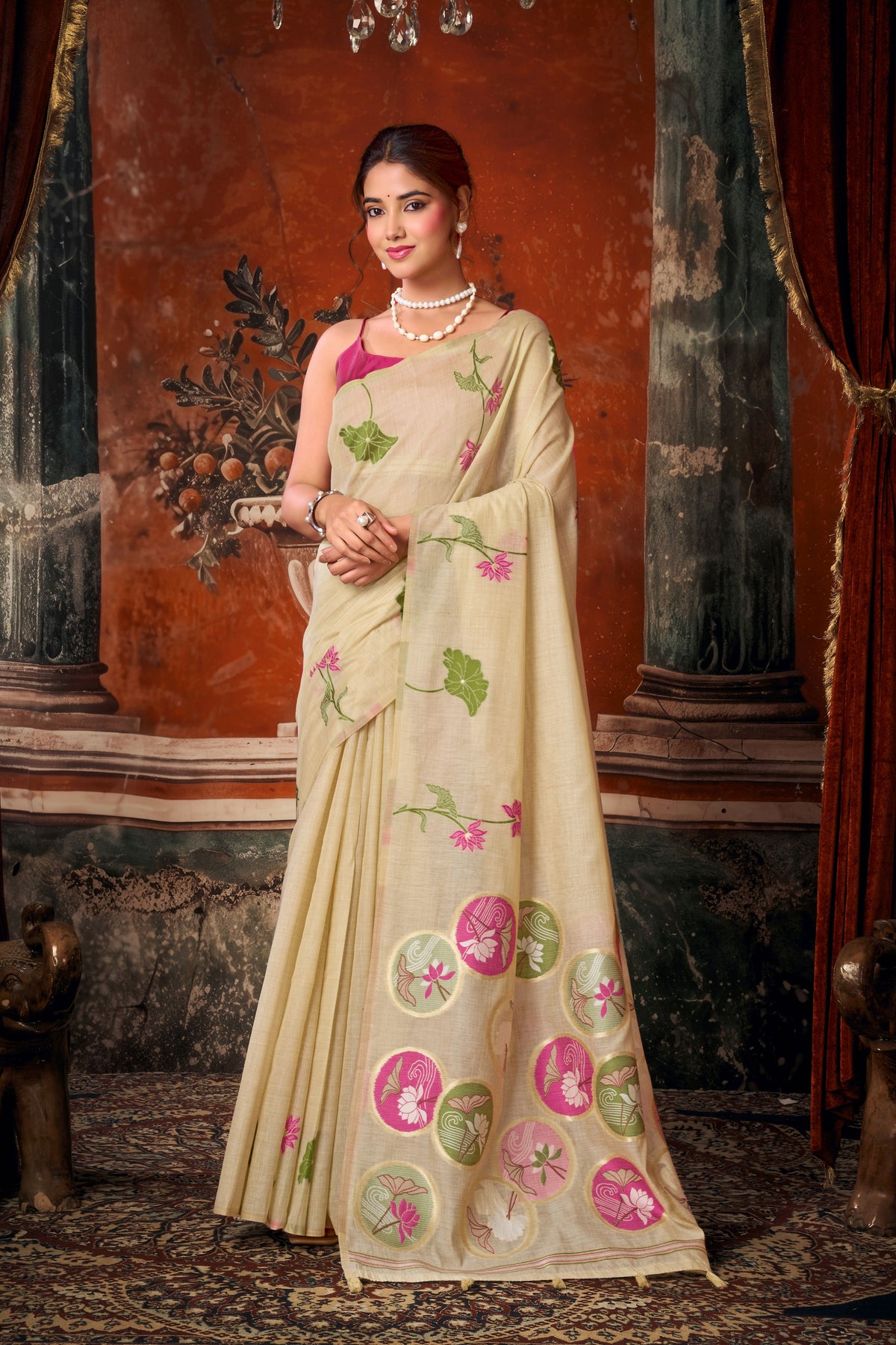 Beige Khadi Cotton Saree with Woven Designer Work | Elegant Party Wear Saree