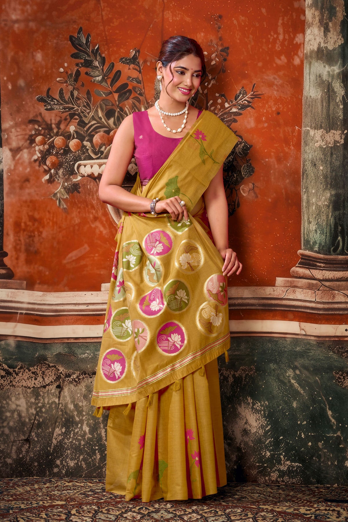 Mustard Khadi Cotton Saree with Woven Designer Work | Party Wear Saree