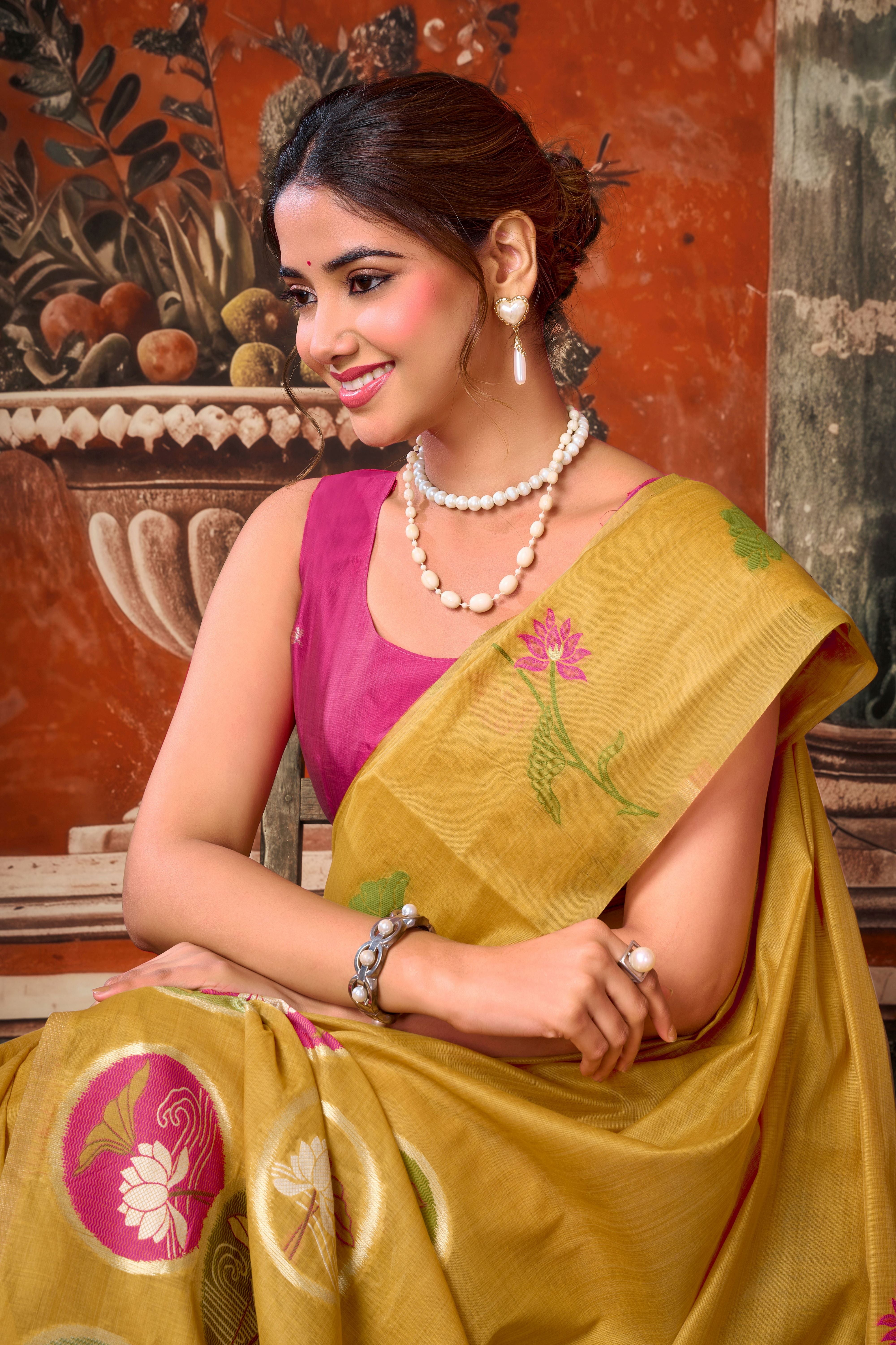Mustard Khadi Cotton Saree with Woven Designer Work | Party Wear Saree