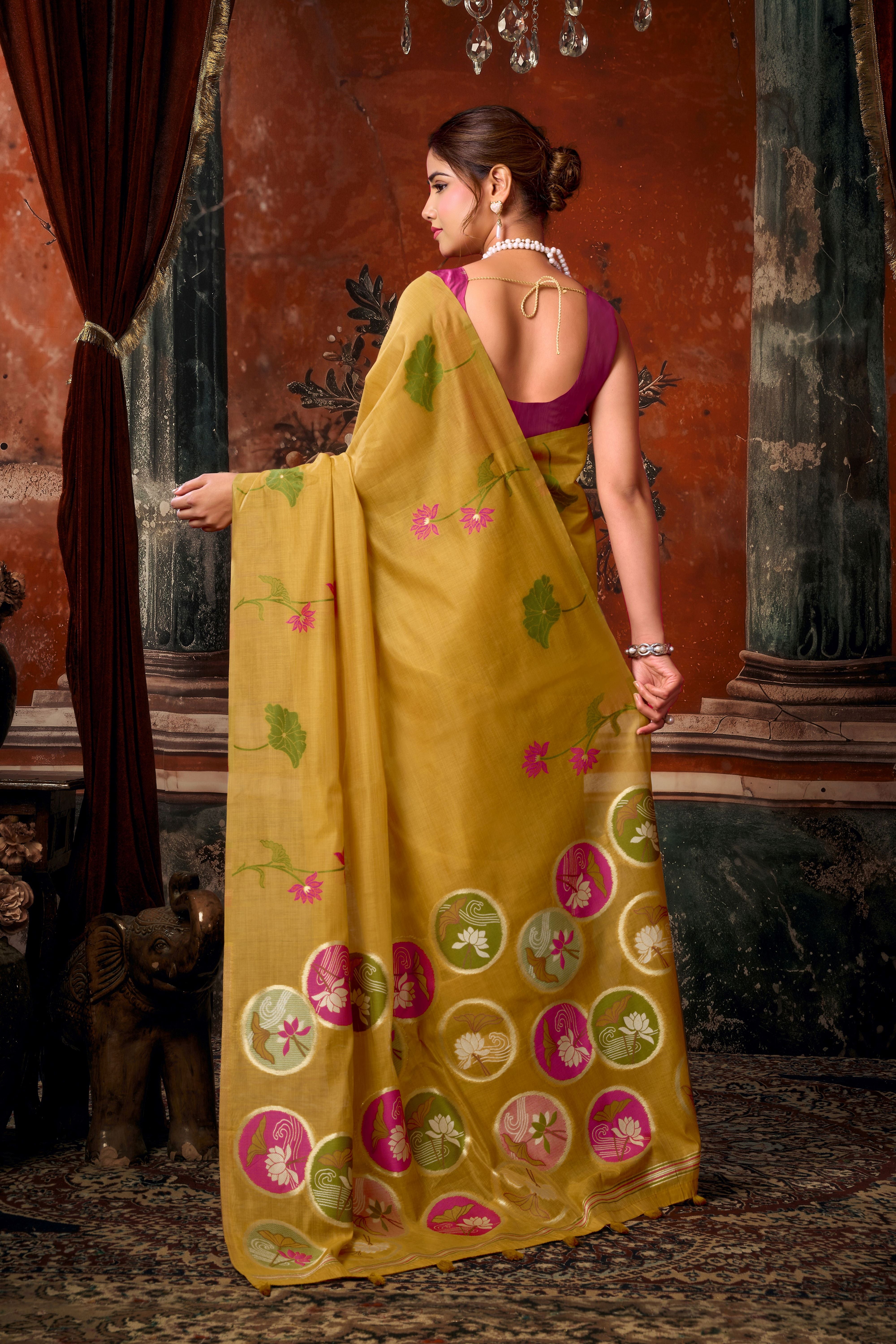 Mustard Khadi Cotton Saree with Woven Designer Work | Party Wear Saree