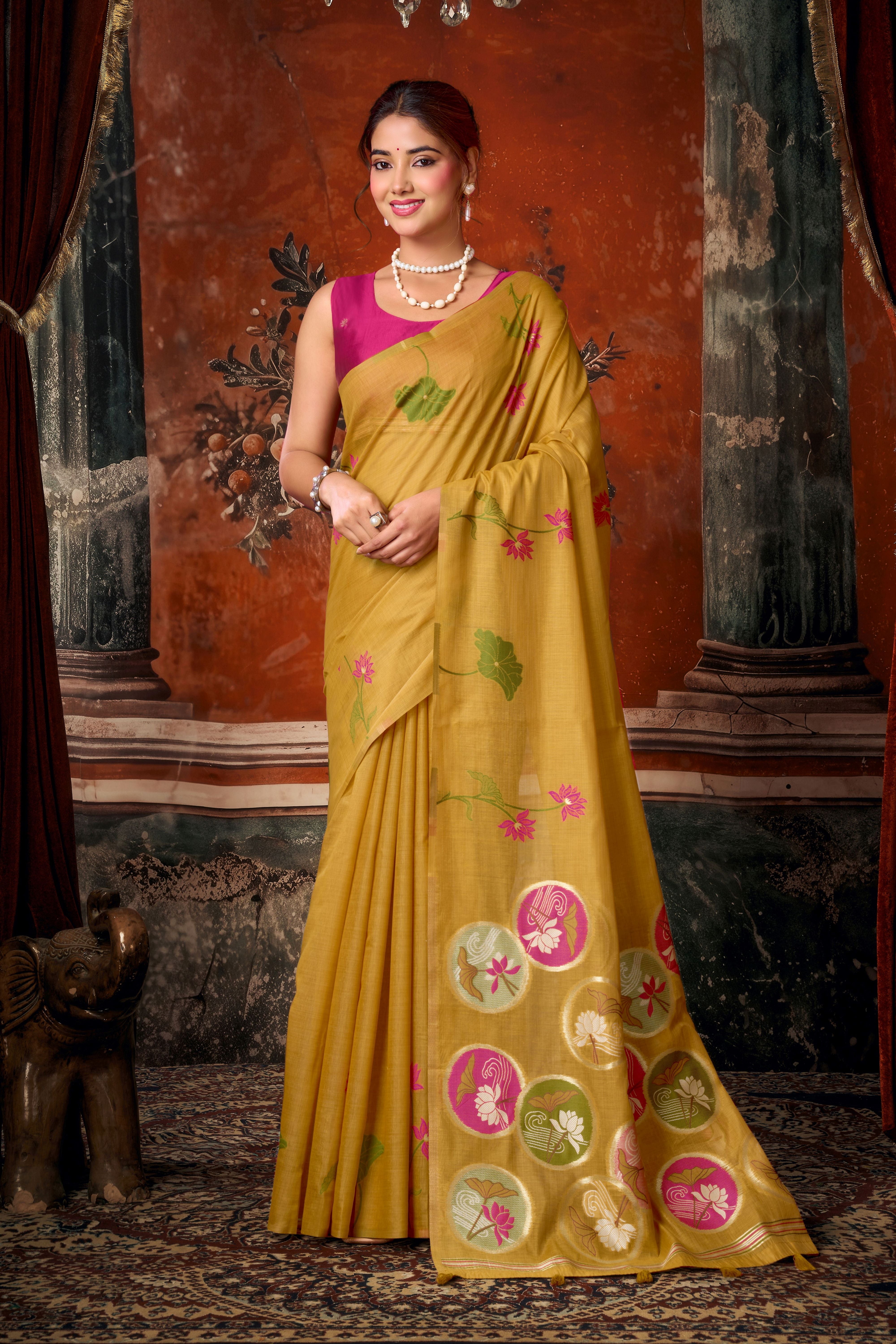Mustard Khadi Cotton Saree with Woven Designer Work | Party Wear Saree