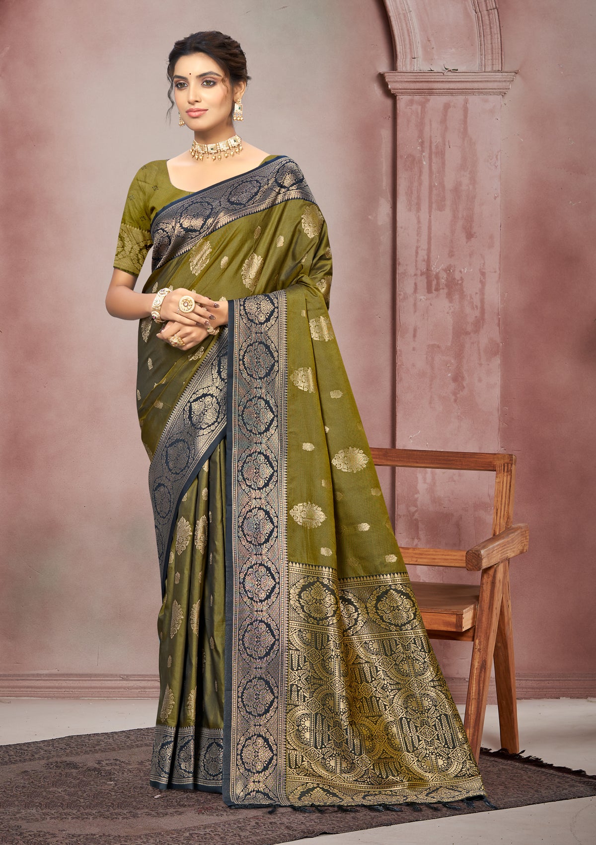 Olive Green Soft Silk Saree