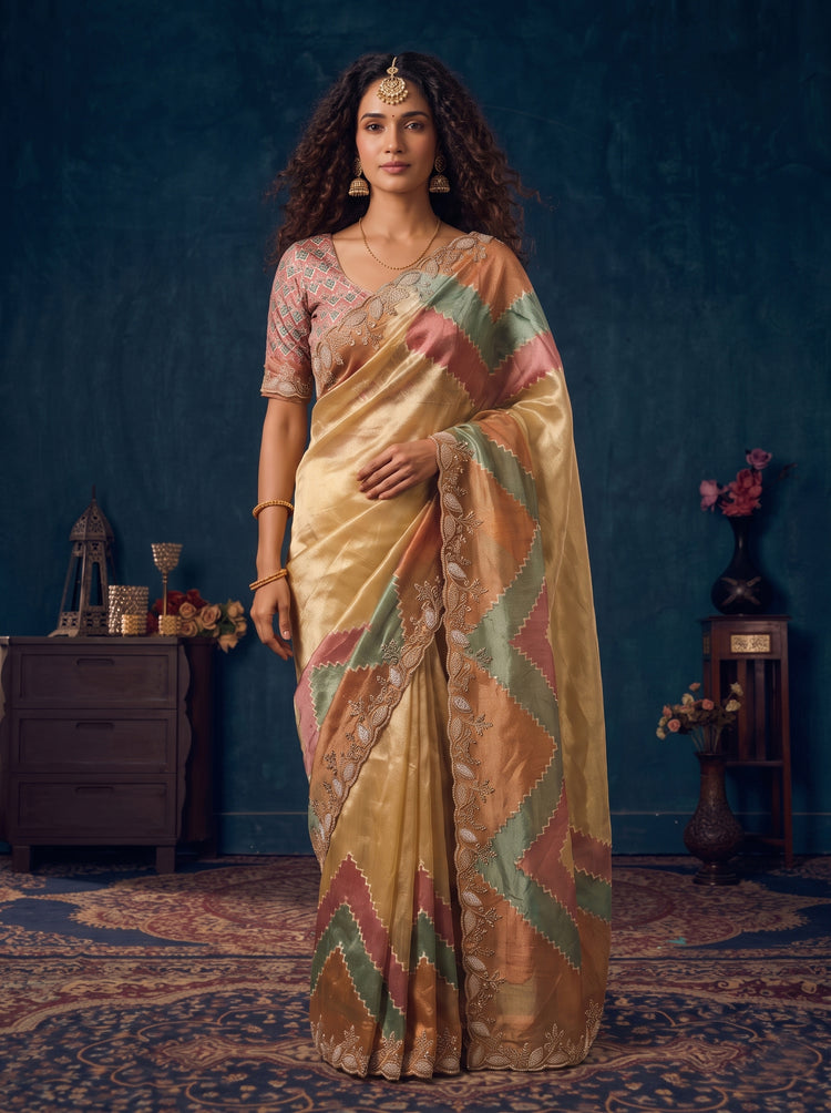 Beige Organza Saree with Multicolour Chevron Panels and Beaded Border