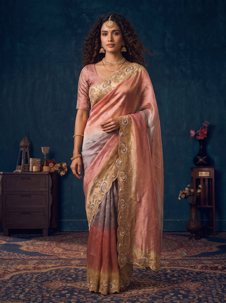 Peach Grey Organza Saree with Ornate Scalloped Zarkan Border