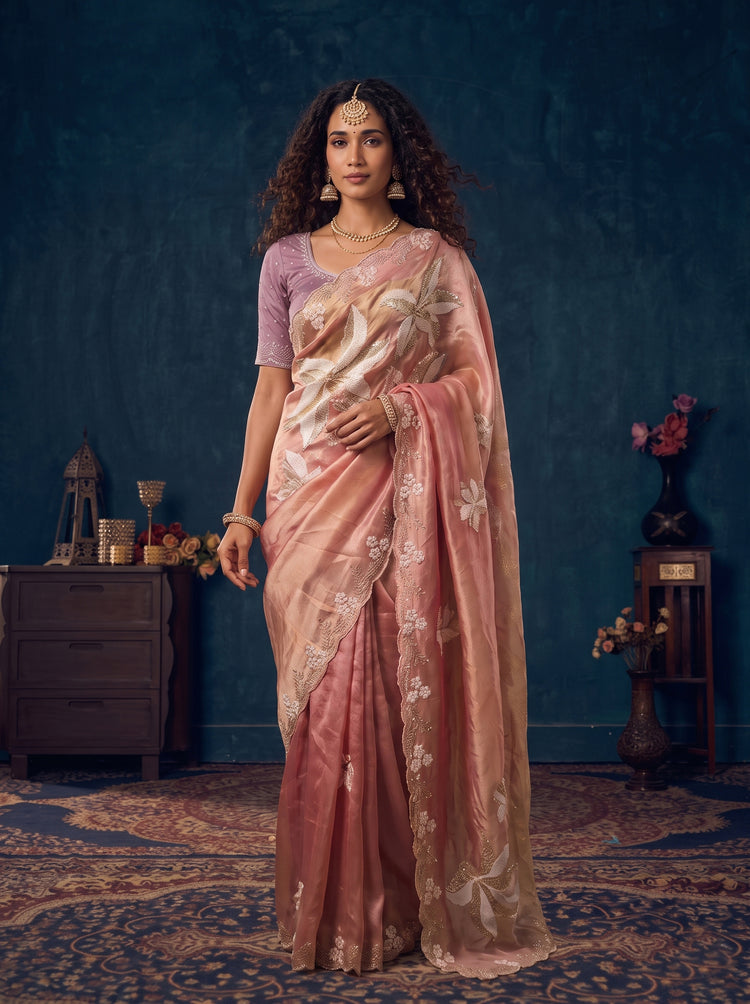 Onion Pink Organza Saree with Leaf Motifs and Scalloped Border