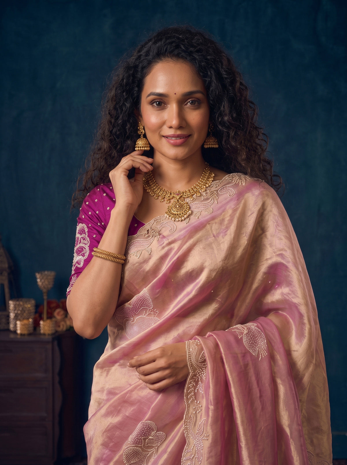 Onion Pink Organza Saree with Floral Beadwork and Rani Blouse, photo 2